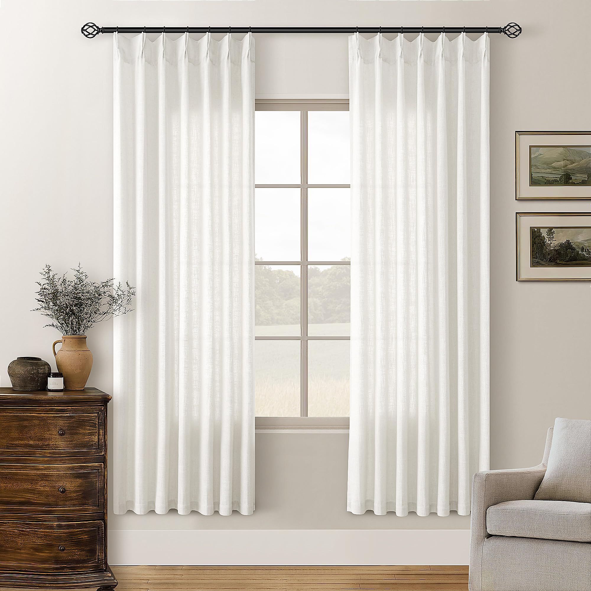 Beige White 72 Inch Pinch Pleated Linen Semi Sheer Curtains 2 Panels 40x72