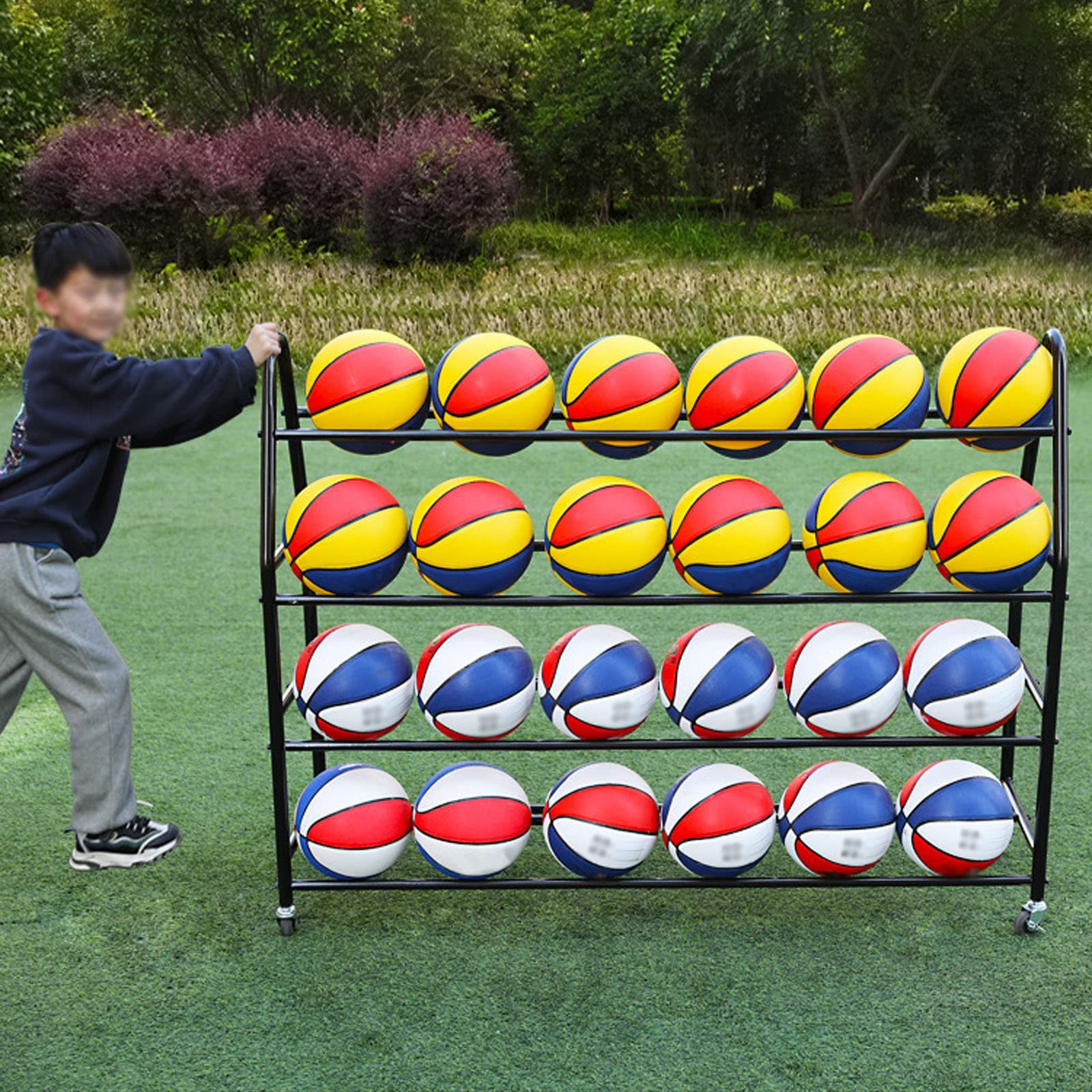 Estante de almacenamiento comercial de 4 niveles con cerradura para pelotas deportivas, equipo para fútbol, baloncesto, voleibol y más, solución que ahorra espacio para gimnasios y equipos
