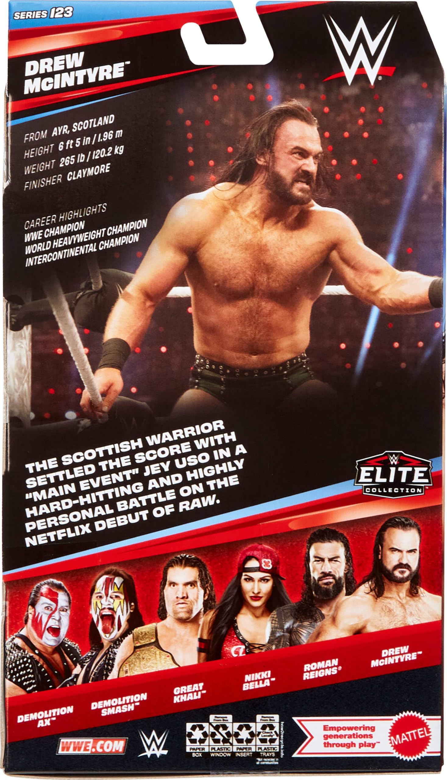 Mattel WWE Elite Series123 Drew Mcintyre Figura de acción y Accesorios, Figura de acción Coleccionable de 15,24cm con 25puntos de articulación y Manos Intercambiables, JHT63
