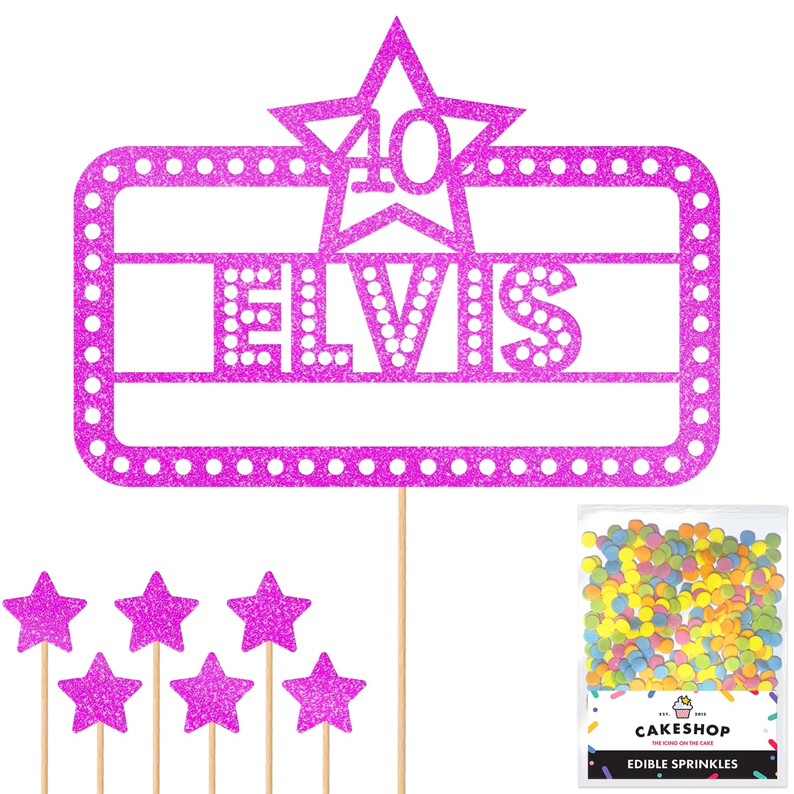 Personalised Happy Birthday Glitter Cake Topper - Pink Any Name & Age in Lights Glitter Cake Decoration and Sprinkles - Happy Birthday Decorations - Personalised Toppers for Cakes by Cakeshop