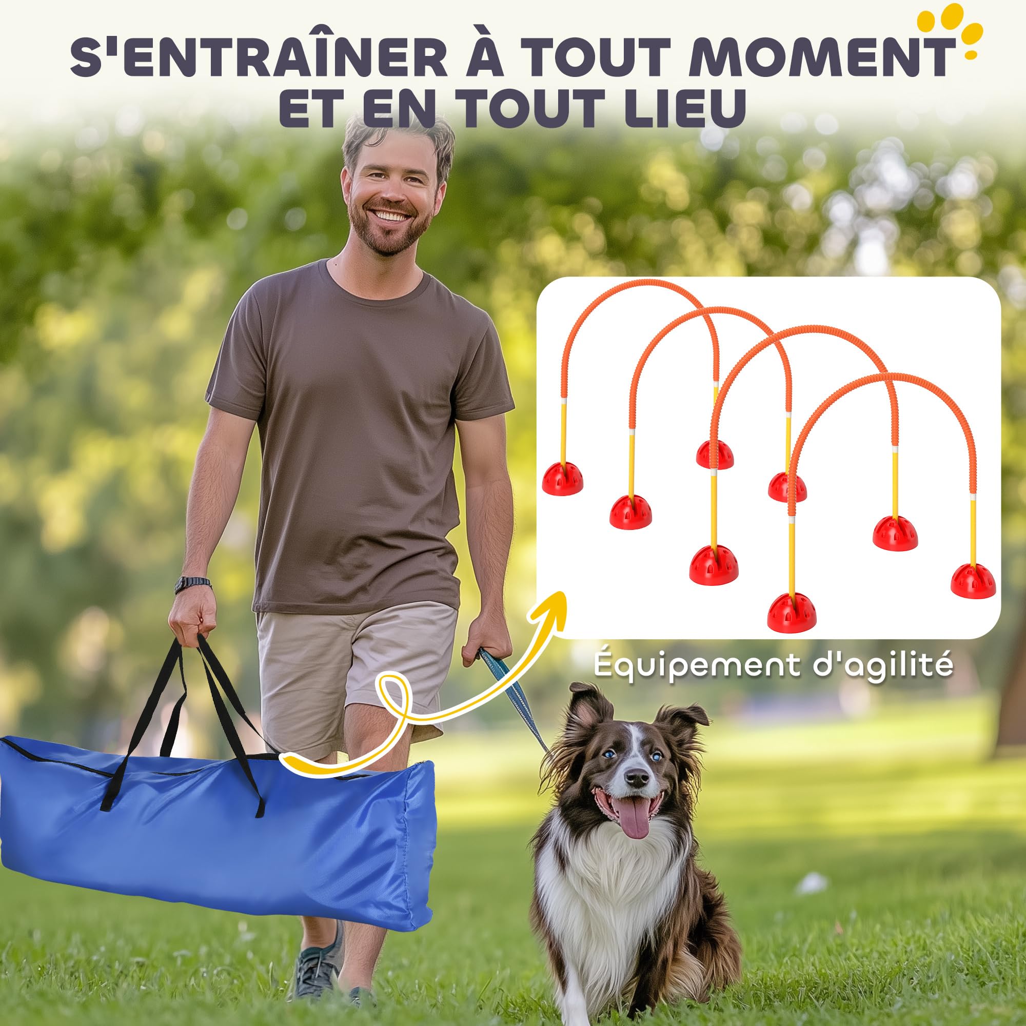 PawHut Kit d'équipement d'agilité pour Chien, kit d'agilité pour Chien avec 4 Portes à Largeur réglable, Sac de Transport, Assemblage Facile, Agility à Chien Portable, Jaune et Orange