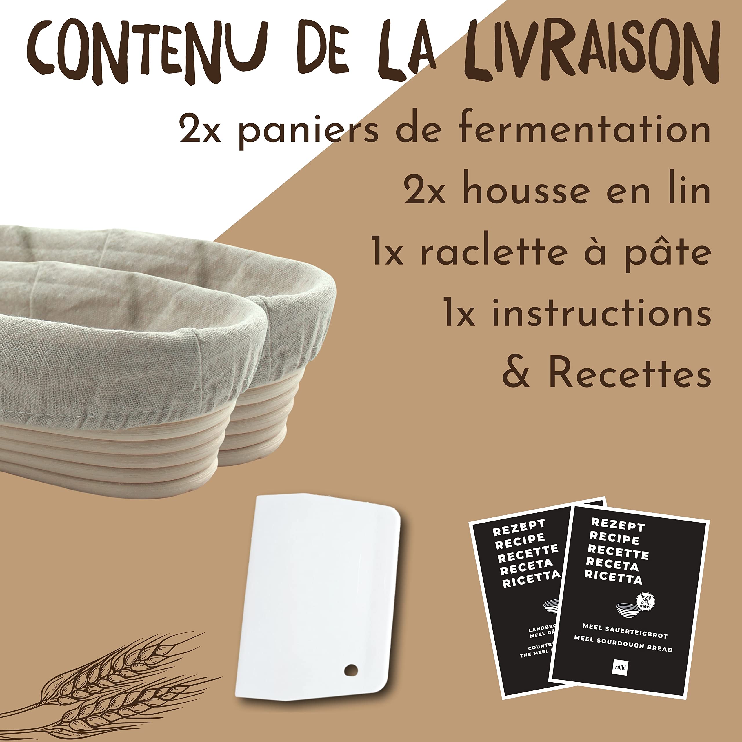 riijk 2 Bannetons à Pain + Racleur de Pâte - 2 Paniers Naturels (Ovals, Ø 28 et 35 cm) pour Faire Son Propre Pain - Tissu en Lin Inclus - Serré avec de l’Acier Inoxydable