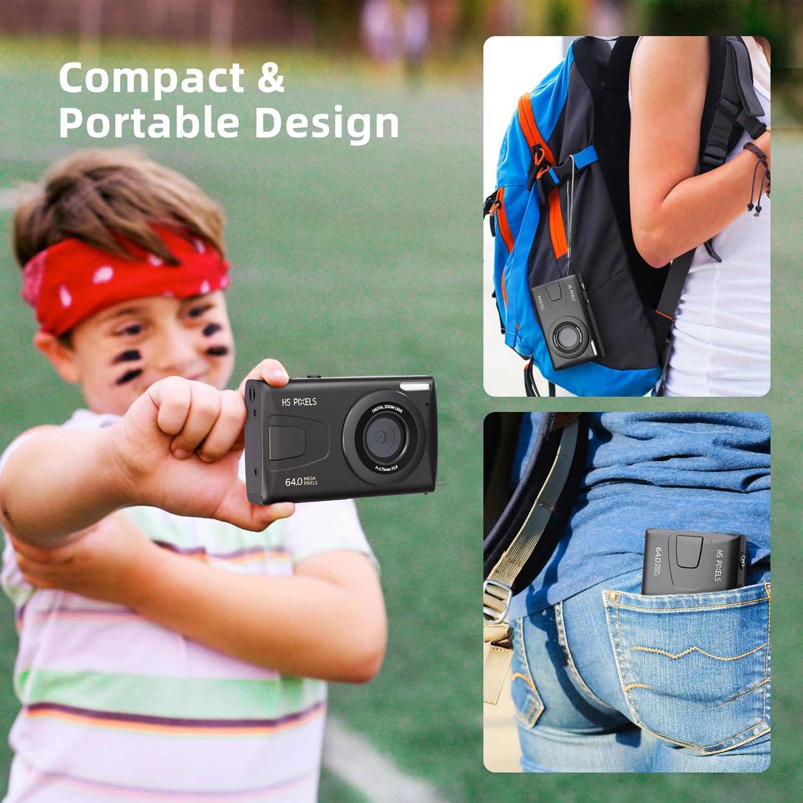CCN Fotocamera digitale, 64MP 1080P FHD Fotocamera con schermo da 3,0", 18X Zoom Digitale Macchina fotografica compatta portatile con 32GB TF Card, Cavo USB, per adolescenti bambini adulti, Nero