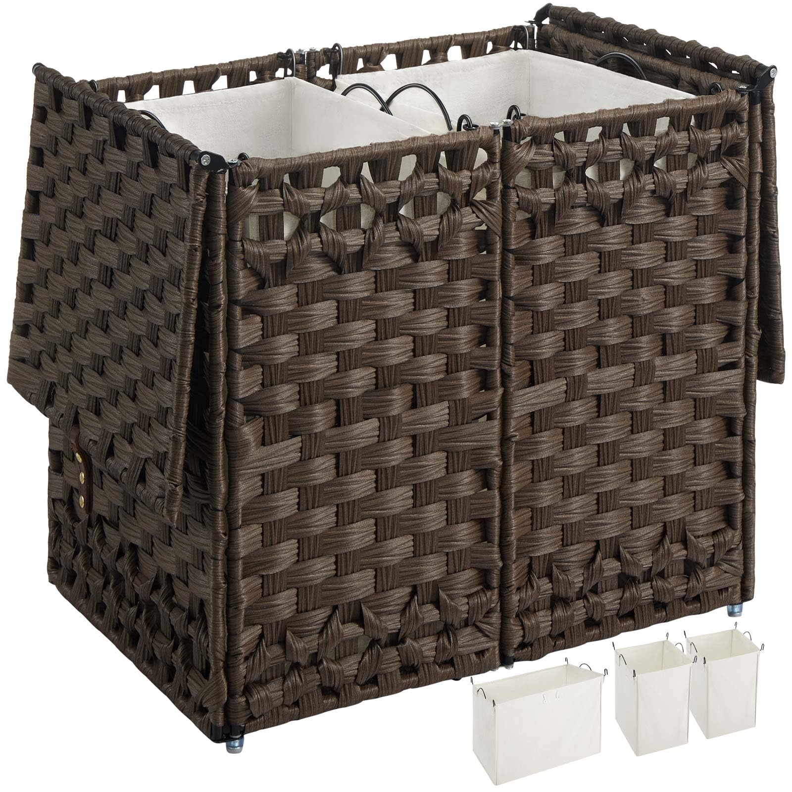 Greenstell Laundry Hamper with Lid and 2 & 1 Removable Liner Bags, No Install Needed, 130L Collapsible Laundry Basket, Wicker Clothes Hamper with Handles, Hamper for Bedroom, Bathroom, Brown