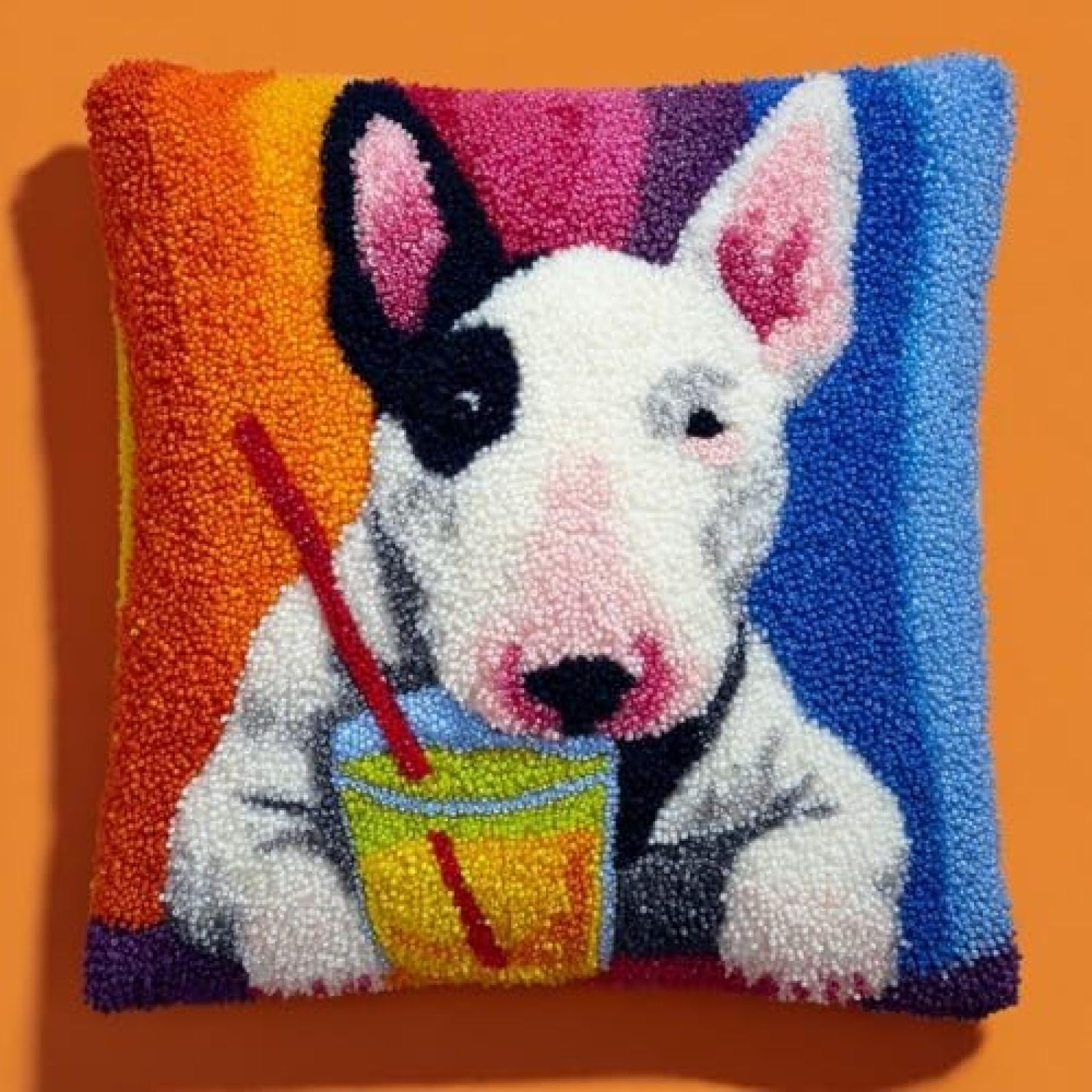 kitphoenix Latch Hook Kit for Adults Beginners,Bull Terrier Dog Drink Juice,DIY Cushion Cover Craft Kit,Pre-Printed Rug Making Embroidery Crochet Kit with Yarn & Hook,43x43 cm Pillow Cover Making Set