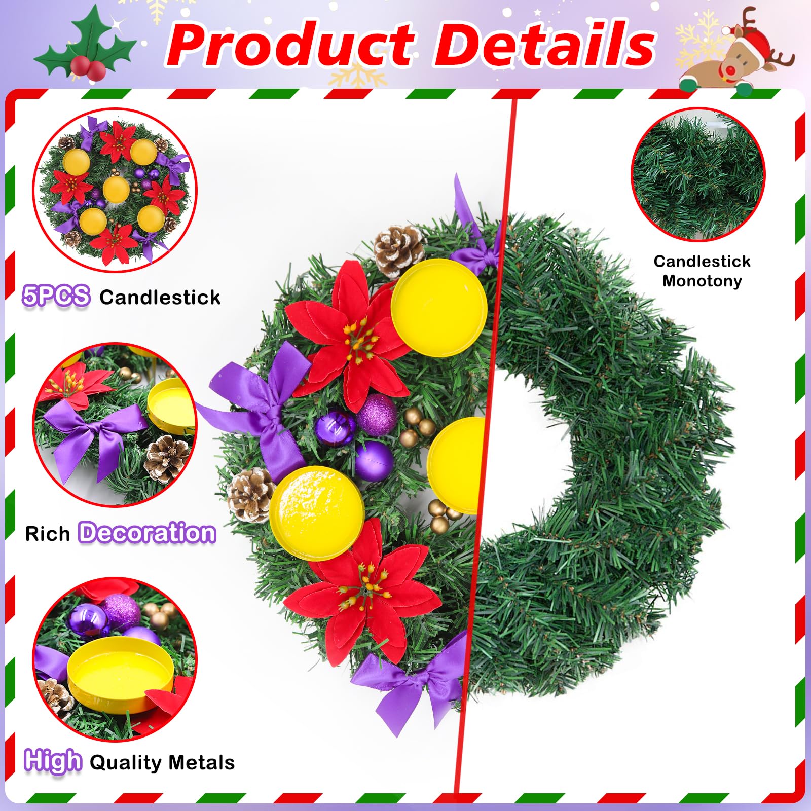 Kenburg Christmas Advent Wreath 5 Pillar Candle Holder, 12 Inch Ring Fire Retardant Centerpiece Decoration For Nativity Rustic Indoor Home Church