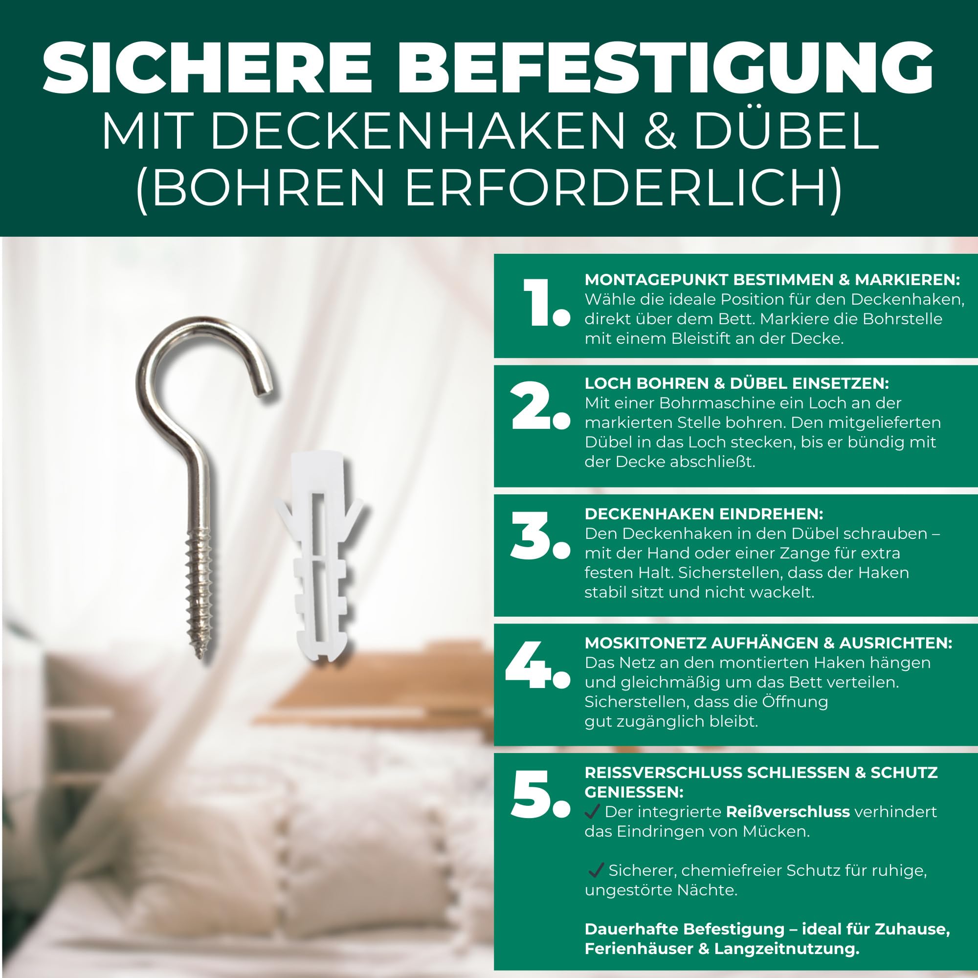 Silberkraft Moskitonetz mit Deckenhaken & Dübel, sichere Befestigung zum Bohren, reißfestes Mückennetz für Einzelbett & Doppelbett, Schutz auf Reisen & Zuhause, Ultra feinmaschig 225er WHO-Empfehlung
