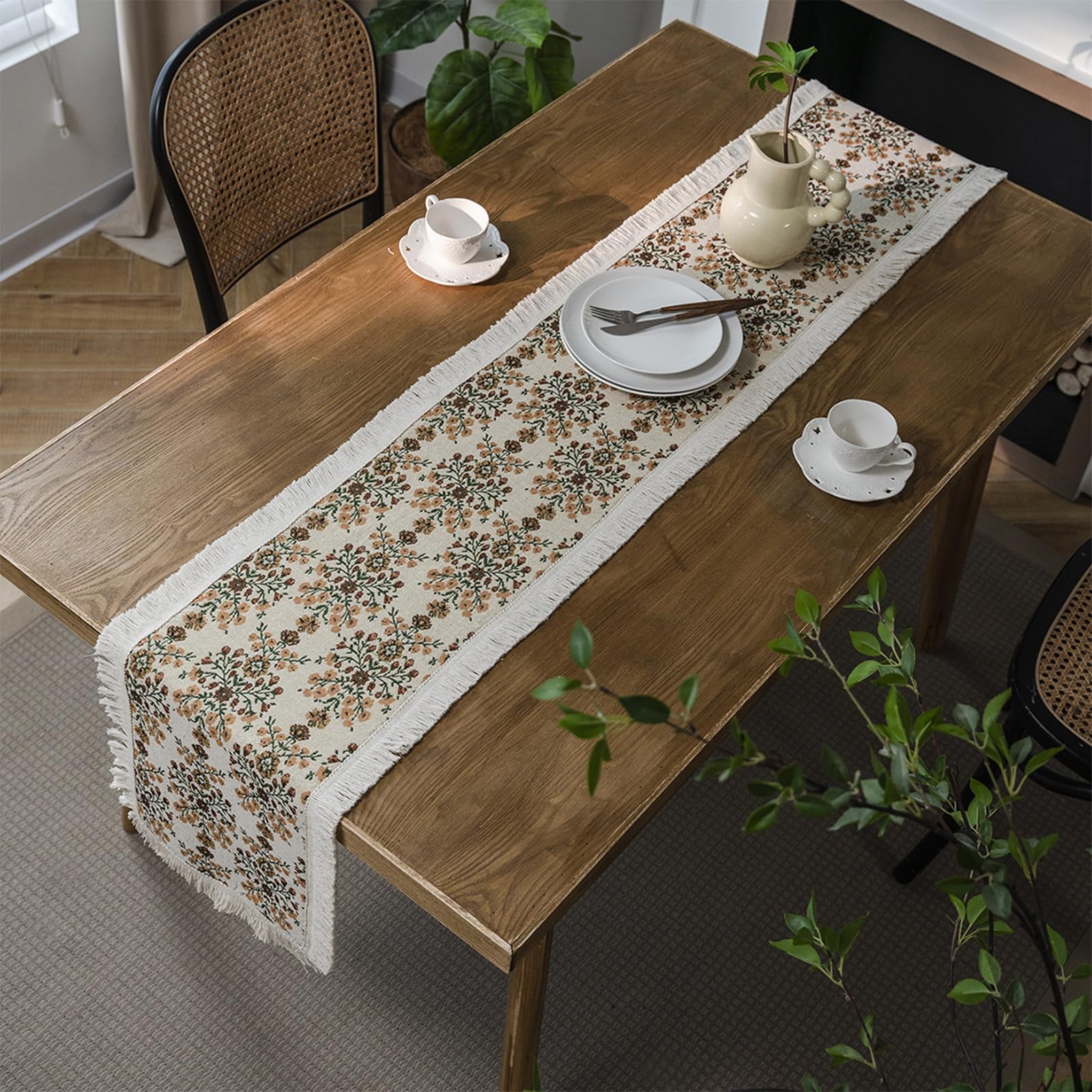 Beige Gelb Tischläufer Baumwolle Leinen, Esstisch Tischläufer Abwaschbar Jacquard Pflaumenblüte Muster mit Quasten Tischdecke für Küche Esstisch Dekor, 30x220 cm, Beige Gelb
