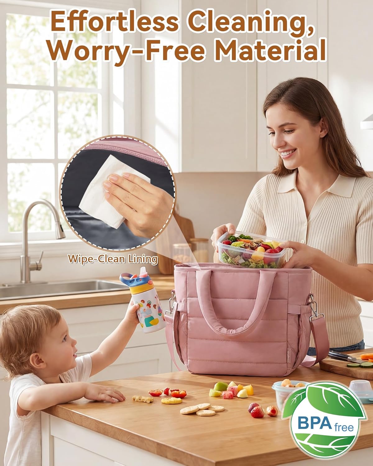 Insulated Lunch Box Tote Bag, Stylish Puffer Soft Lunch Bag for Women, Leakproof Quilted Cooler Bag with 4 Pockets & Adjustable Shoulder Strap for Work, Picnic, Outdoor Travel, Dark Pink