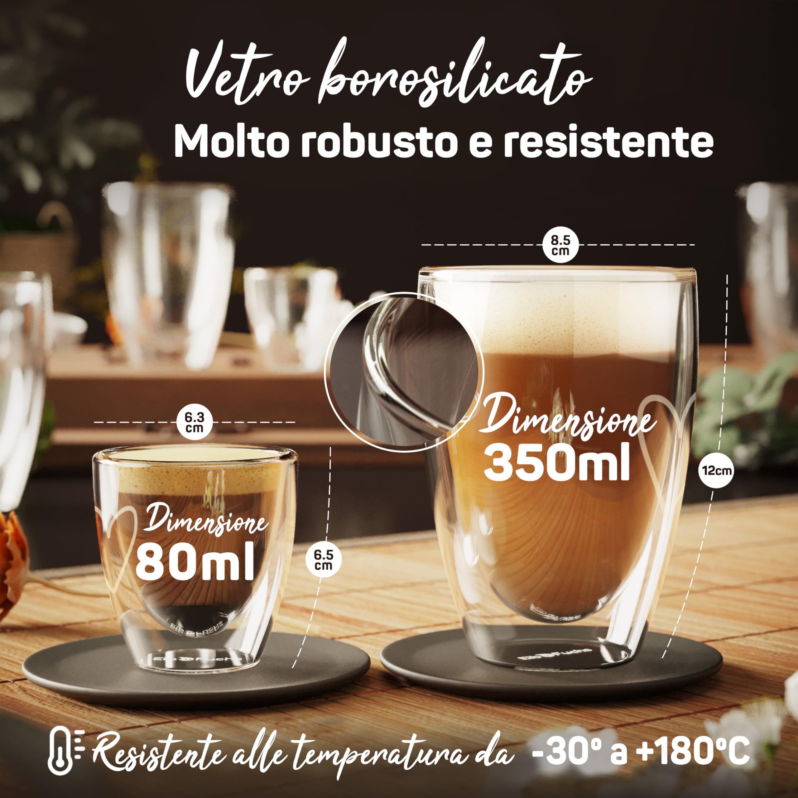 LENAOBEN Set 2 Bicchieri A Doppia Parete Per Latte Macchiato E Cappuccino – Vetro Borosilicato 350 Ml, Lavabili In Lavastoviglie