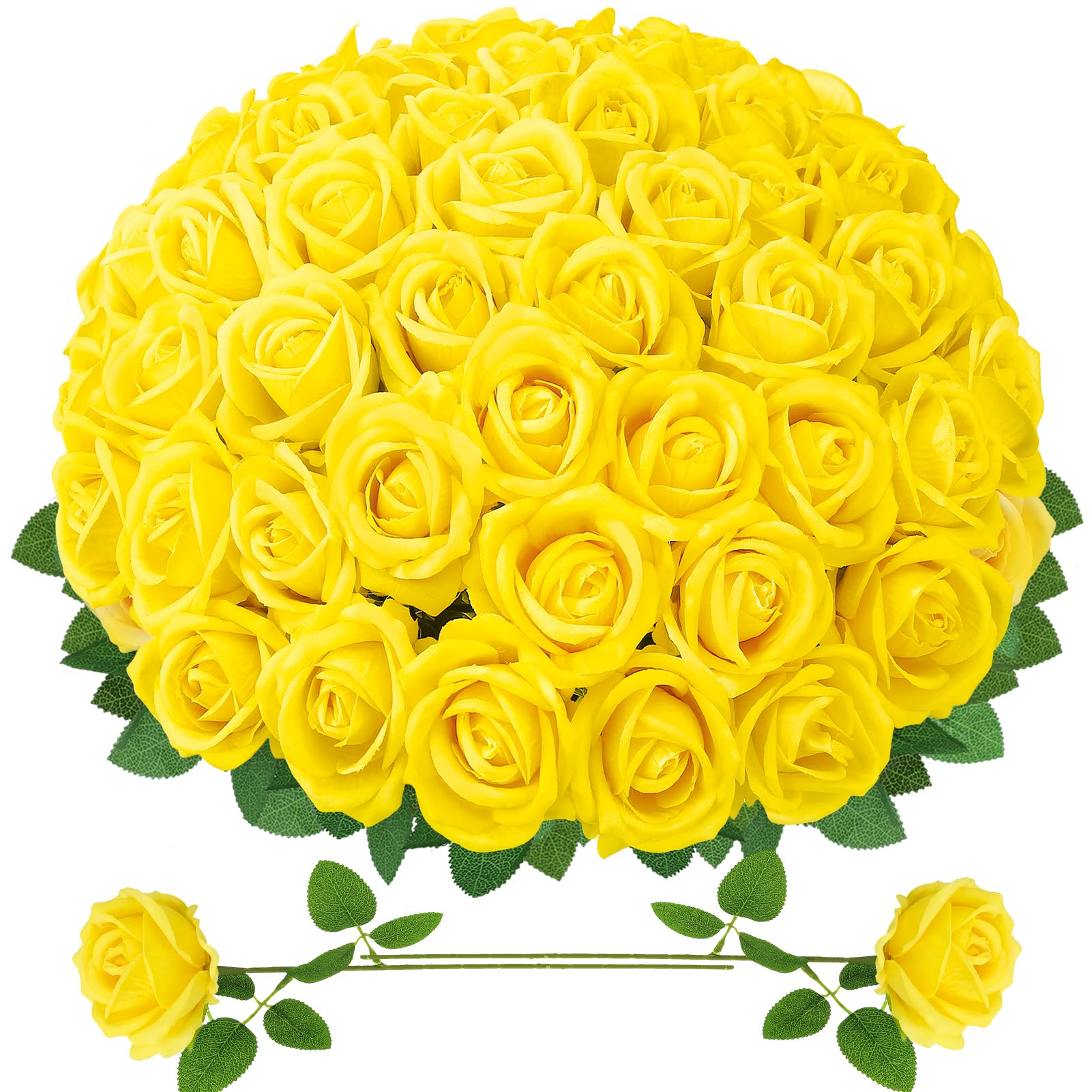 Photo 1 of Ovveroche 90 Pcs Yellow Velvet Rose Artificial Flowers with Long Stems, Fake Silk Roses Real Touch Fake Roses Florals for Birthday Wedding Bouquet Party Arrangement Decorations