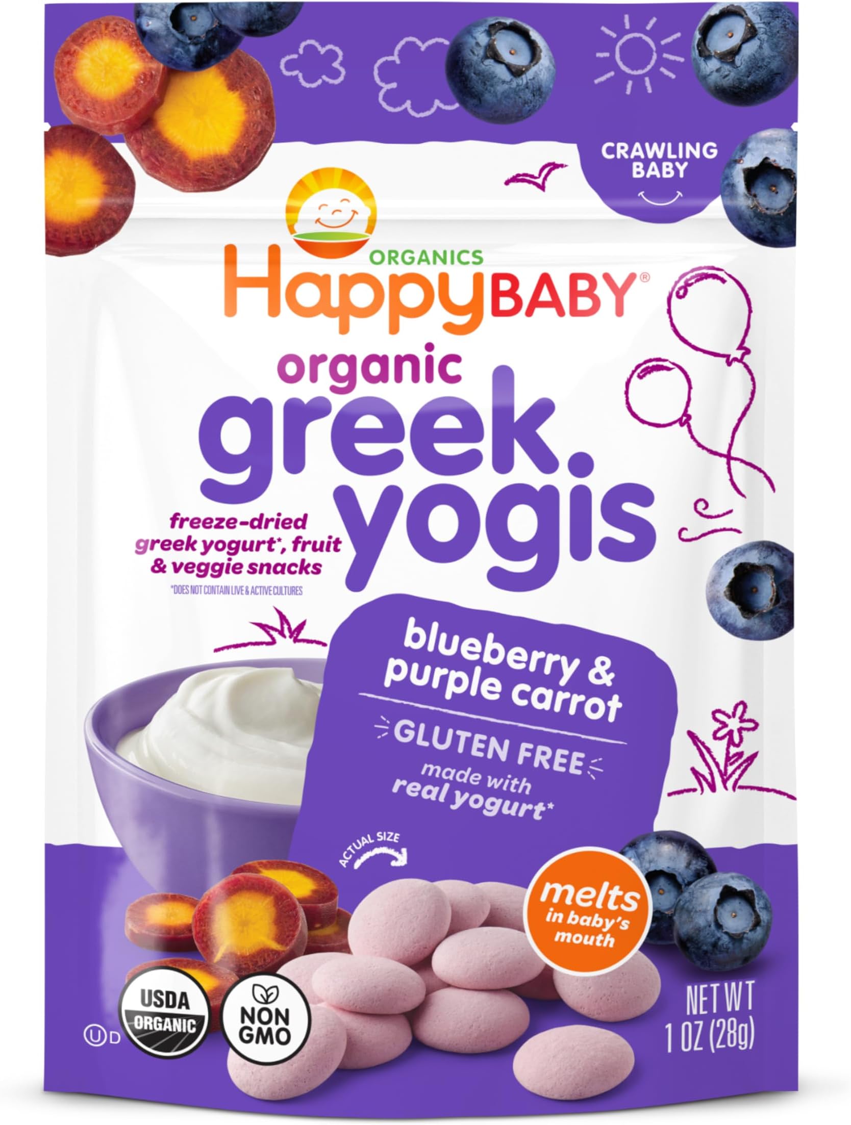 Happy Baby Organics Baby Snacks, Greek Yogis, Freeze Dried Yogurt &Veggie Fruit Snacks, Gluten Free Snack for Babies 9+ Months, Blueberry & Purple Carrot, 1 Ounce
