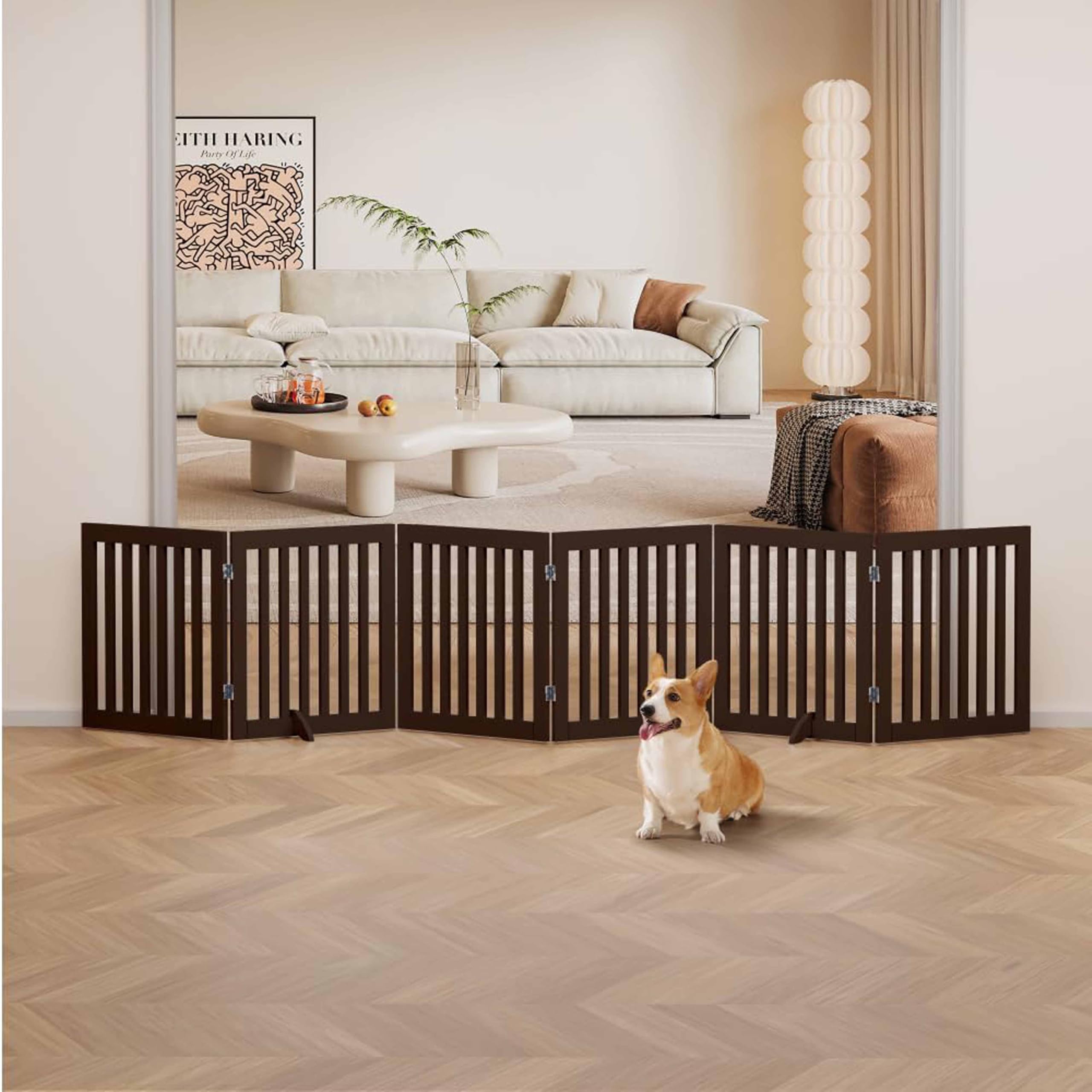 Belief Wood | Freestanding Dog Gate | Foldable Wooden Pet Safety Gate for Dogs & Kids | Indoor Barrier with Support Feet for Stairs, Doorways, Hallways & Kitchens - 24" (Brown, 6 Panel)-image-38