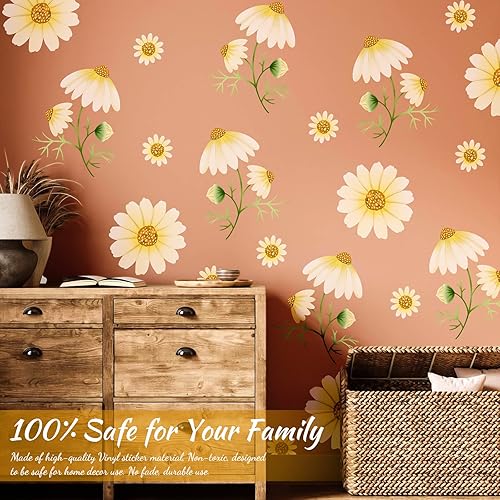 Miniatura 4 de Calcomanías de pared de margaritas para despegar y pegar, calcomanías de pared de vinilo con margaritas amarillas extraíbles, decoración de pared