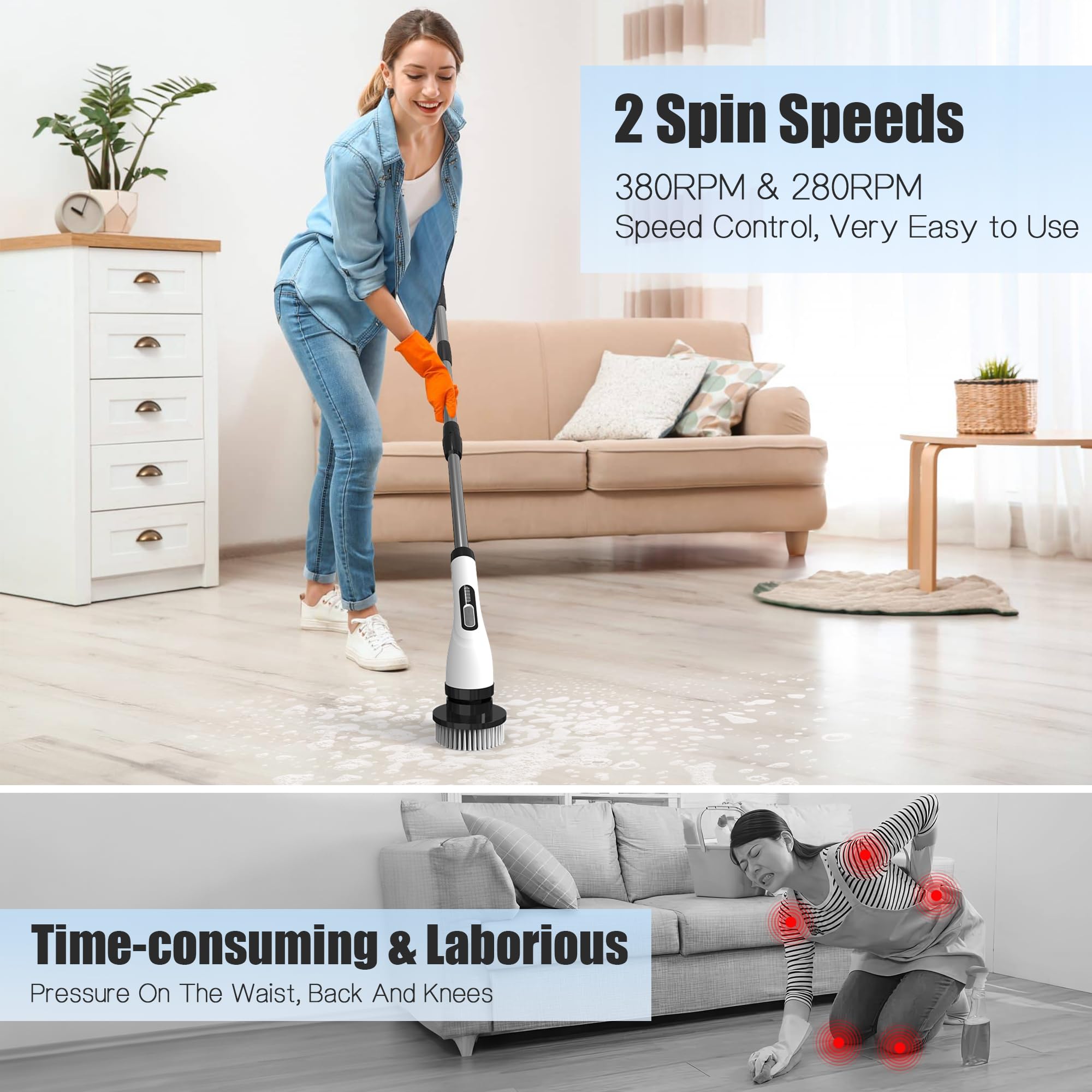 OBEST Spazzola Elettrica Per Pulizia Con 5 Testine Intercambiabili, Spazzola Rotante Pulizia Casa Con Manico Allungabile Regolabile, Spin Scrubber 2 Velocità Per Cucina/Piastrelle/Parete/Pavimento