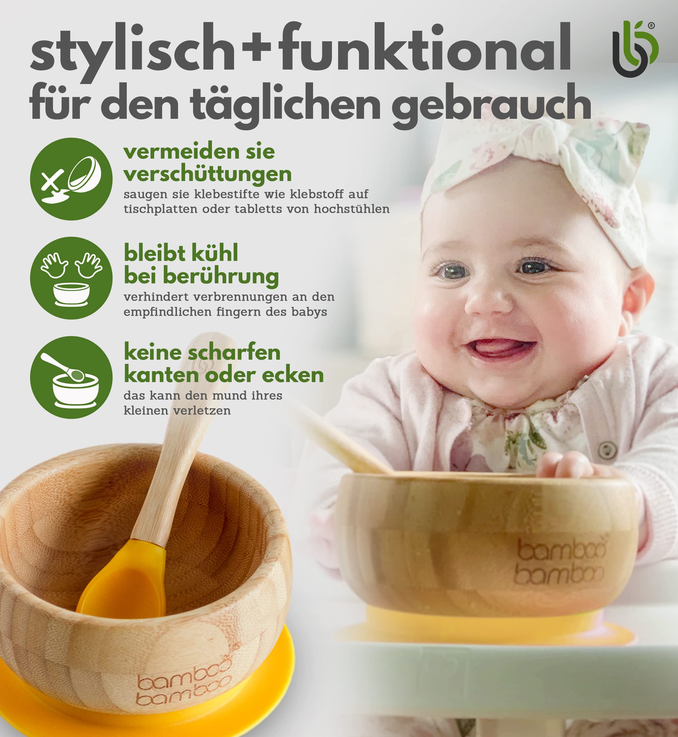 Bamboo Baby Schüssel und Löffel - Schalen zum Abstillen, Teller ab 6 Monaten (Gelb)