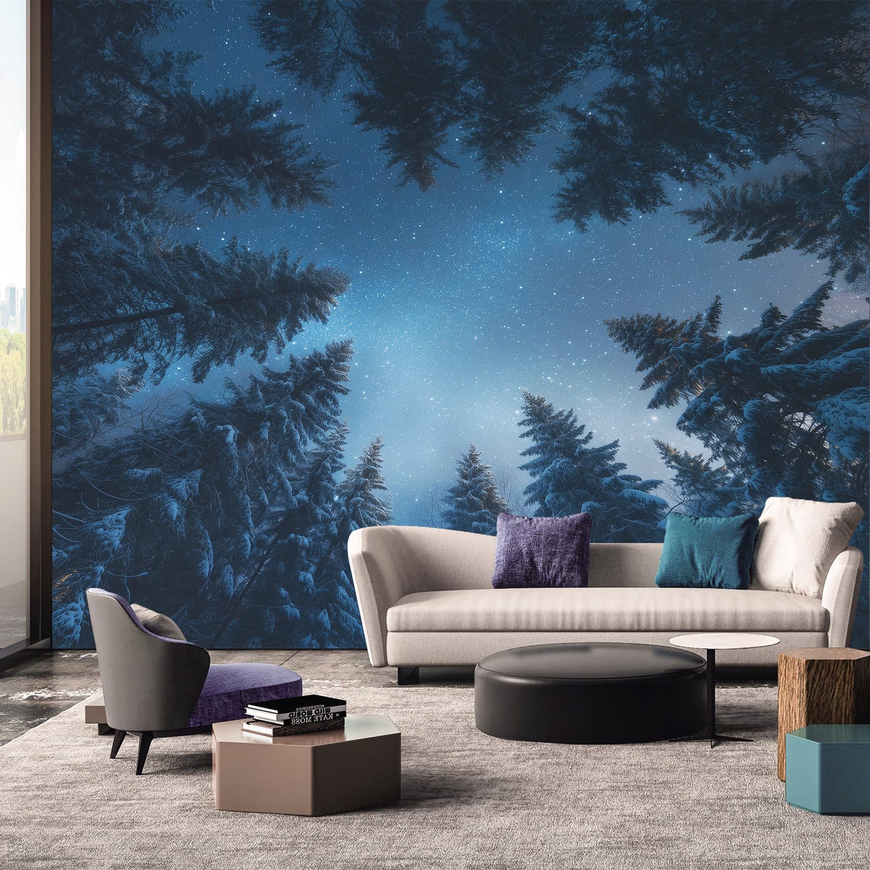 Forest Starry Sky Wallpaper, Galaxy Tree Wallpaper Mural, Non-Woven Decor Wall Paper, Photo Mural for Room, Hallway, Lounge, 300cmx210cm A-8892