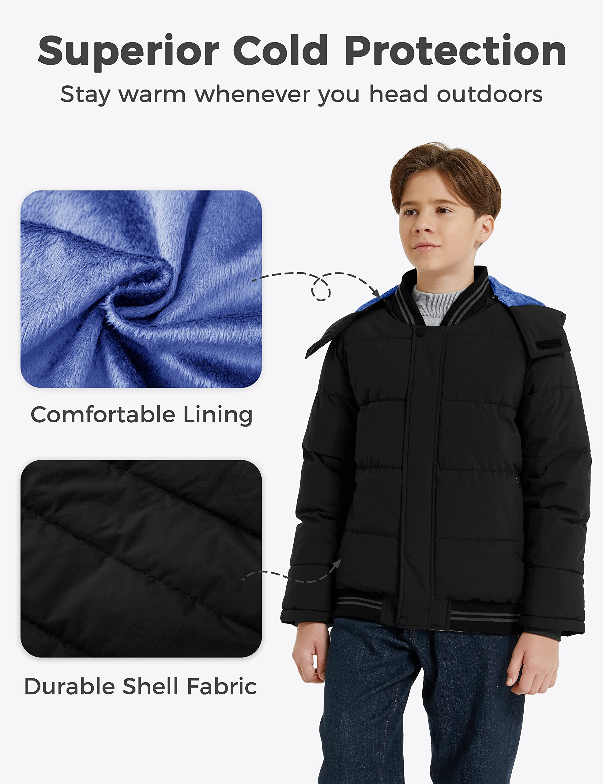 Wantdo Garçon Veste à Capuche Polaire Chaud Veste d'Extérieur d'hiver Manteau Matelassé Veste Rembourrée en Coton Vêtements d'Extérieur de Randonnée