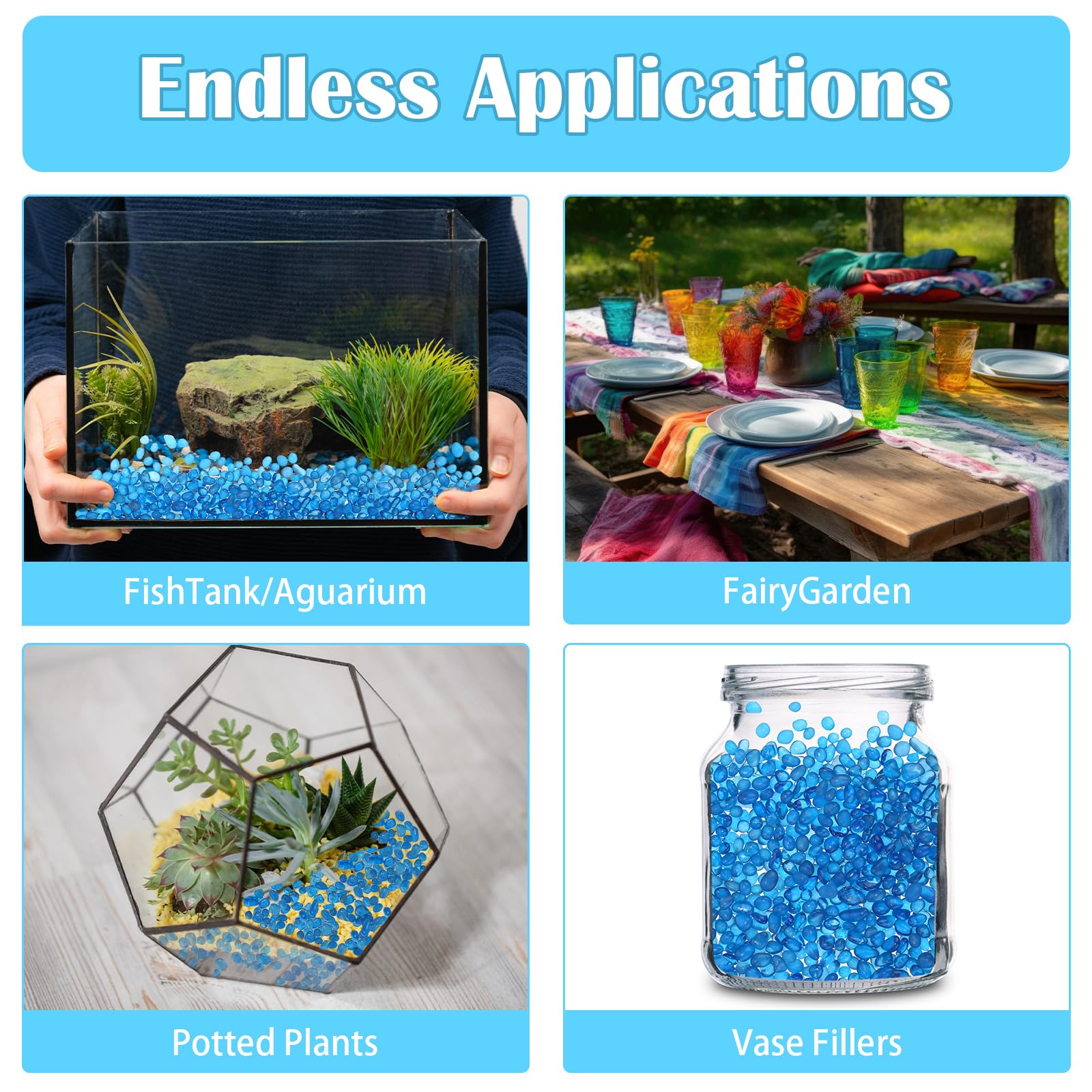 3 kg Aquarium-Kies, Glas-Kieselsteine, blau, Aquarium-Kiesel, Aquarium-Steine für Vasenfüller, Garten, Aquarium, Terrarium, Blumentopf, Topfpflanzen, Dekoration