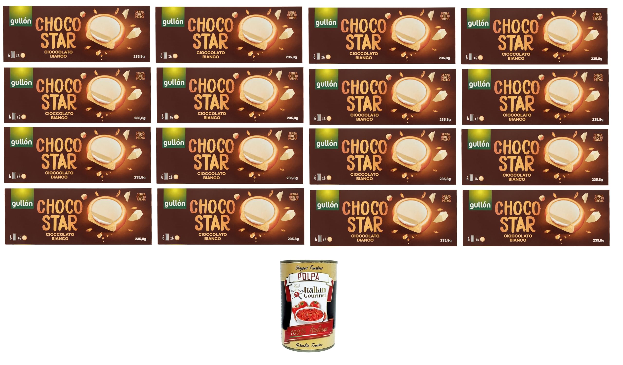 Gullon Choco Star - Galletas rellenas de crema y cubiertas de chocolate blanco, 16 unidades de 235,8 gr+ Polpa italiana gourmet 400 g
