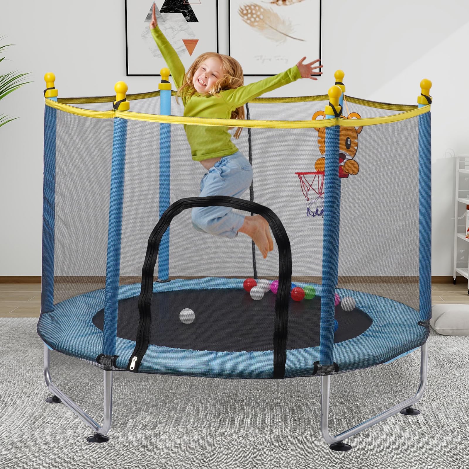 Kinder Trampolin 140 cm, Trampoline Outdoor mit Sicherheitsnetz, Indoor Kindertrampolin mit Basketballkorb, Kleines Trampolin Outdoor für Kinder ab 2 3 Jahre