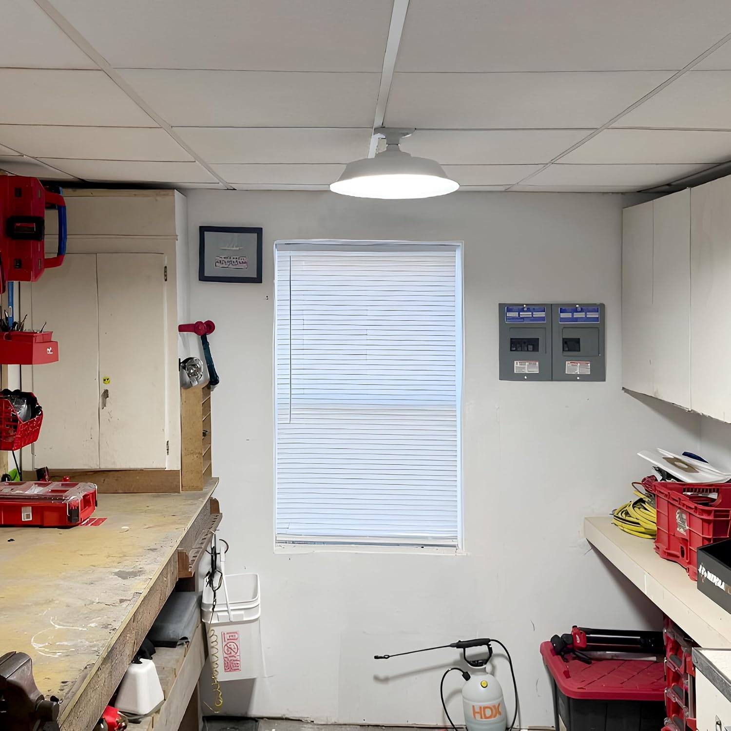 Maxxima 15" LED Low Bay Light, 50W 6500 Lumens, 5000K Daylight, E26 Base w/ E39 Adapter, Screw-in UFO Fixture w/Shade, 120-277 V, Non-Dimmable, ETL Listed