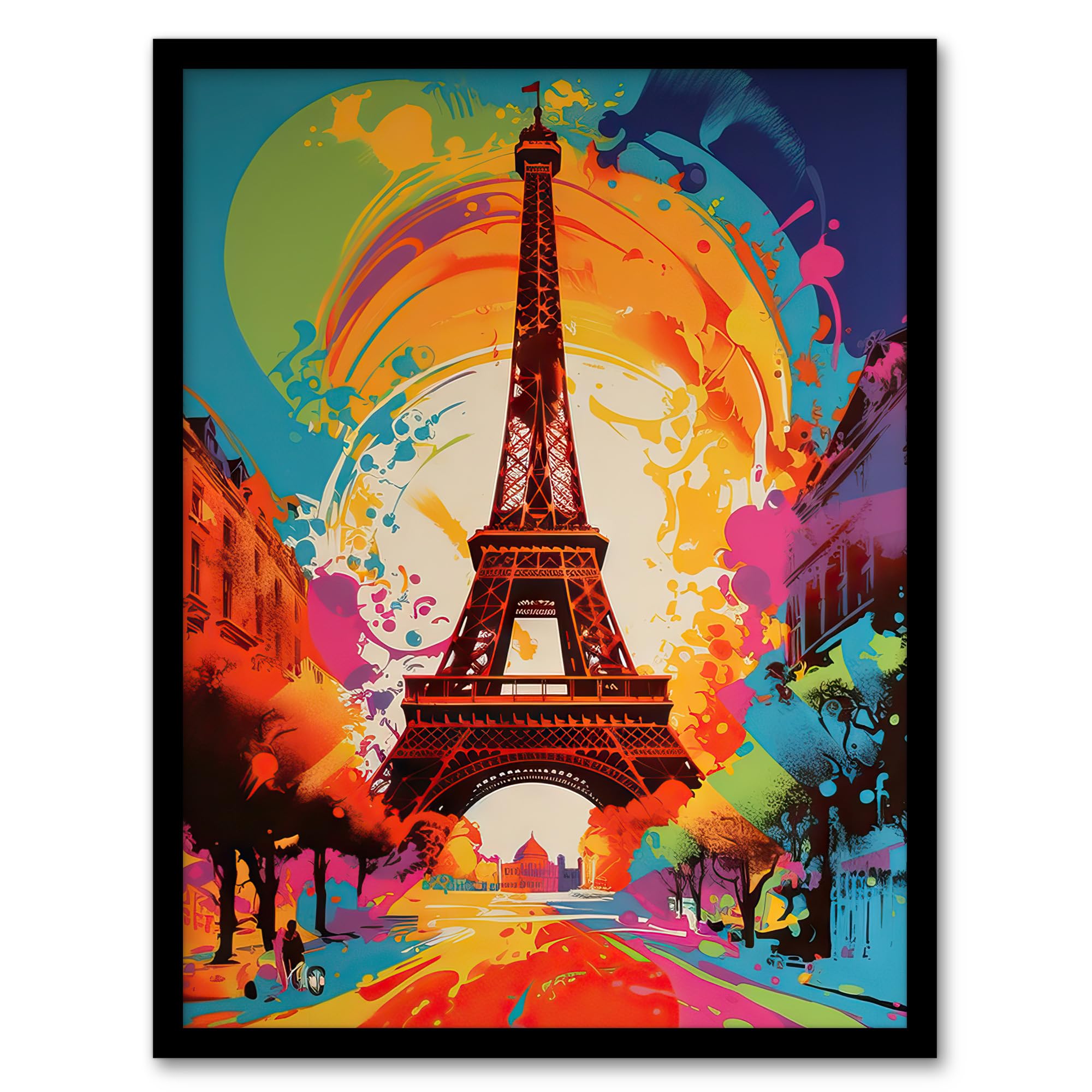 Artery8 Abstract Paris Eiffel Tower Sunrise Colour Explosion France Monument Vibrant Bold Bright Colourful Painting Artwork Framed Wall Art Print A4