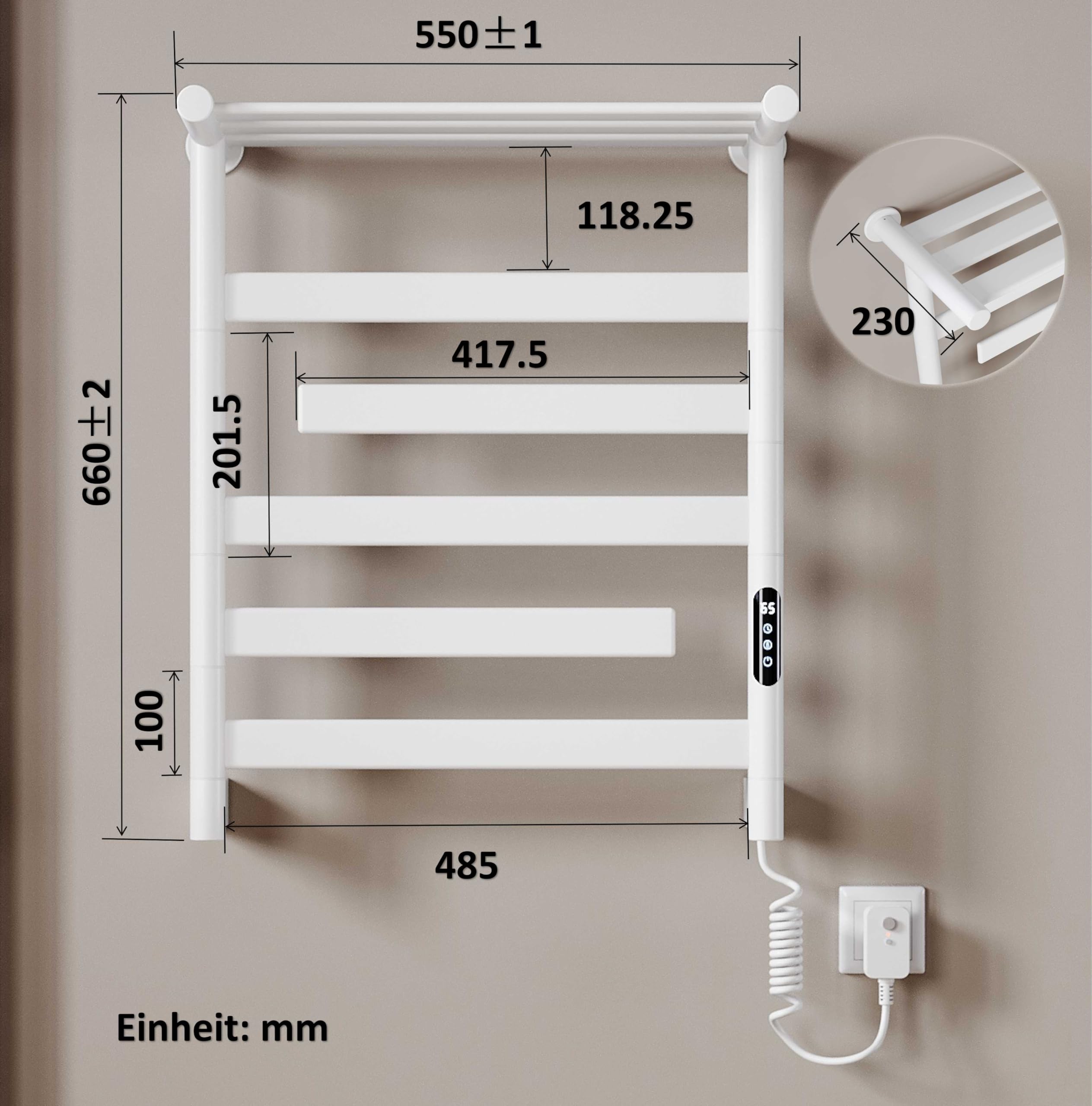 Handtuchheizkörper Elektrisch 66 x 55cm, 180° Drehung Handtuchwärmer Elektrisch mit Heiz-Ablage, WiFi Smart Thermostat für Alexa und Google Home, 30-70°C, 140W, Weiß, IPX4, Fehlerstromschutz