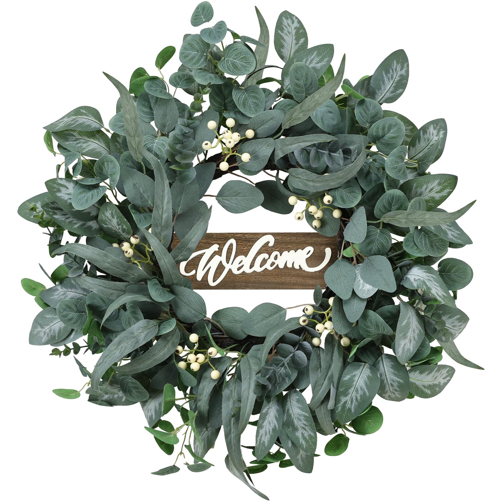26" Eucalyptus Welcome Sign for Front Door Wreath Artgar Large Outdoor Wreaths for Windows Fireplace Home Wall Farmhouse Porch Decor,White Berries,