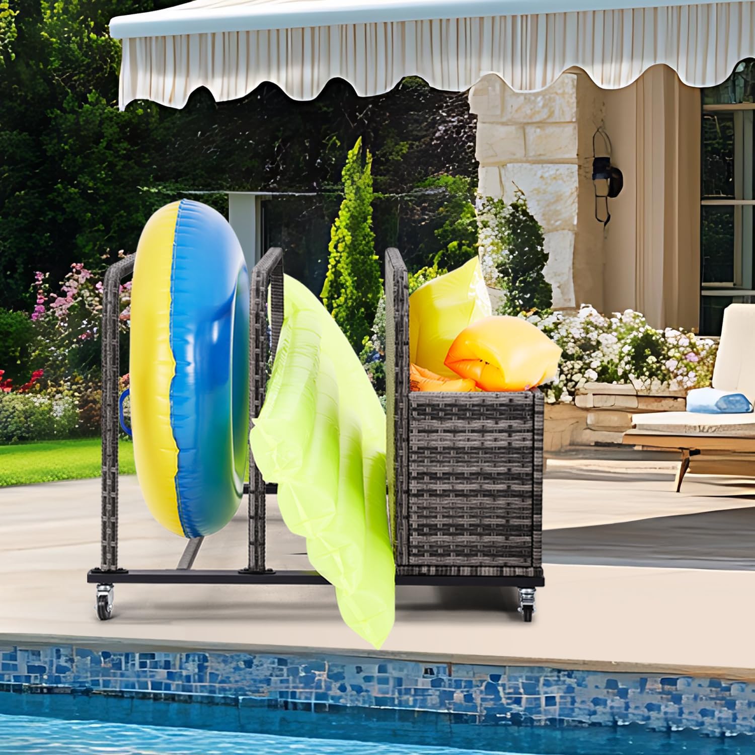 Poolside Float Storage Organizer, Pool Toy Storage Holder with Wicker Basket Outdoor Pool Float Holder Storage Rack Rolling Pool Caddy Cart Raft Holder Storage Rack for Pool Noodles Equipment Grey