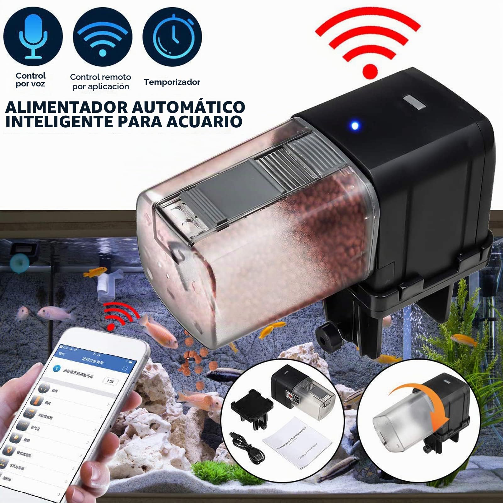 Lychee - Alimentador automático para acuarios, Temporizador controlado por WiFi, dispensador de Alimentos para Peces con Pantalla LCD para peceras, estanques, Vacaciones (Negro)