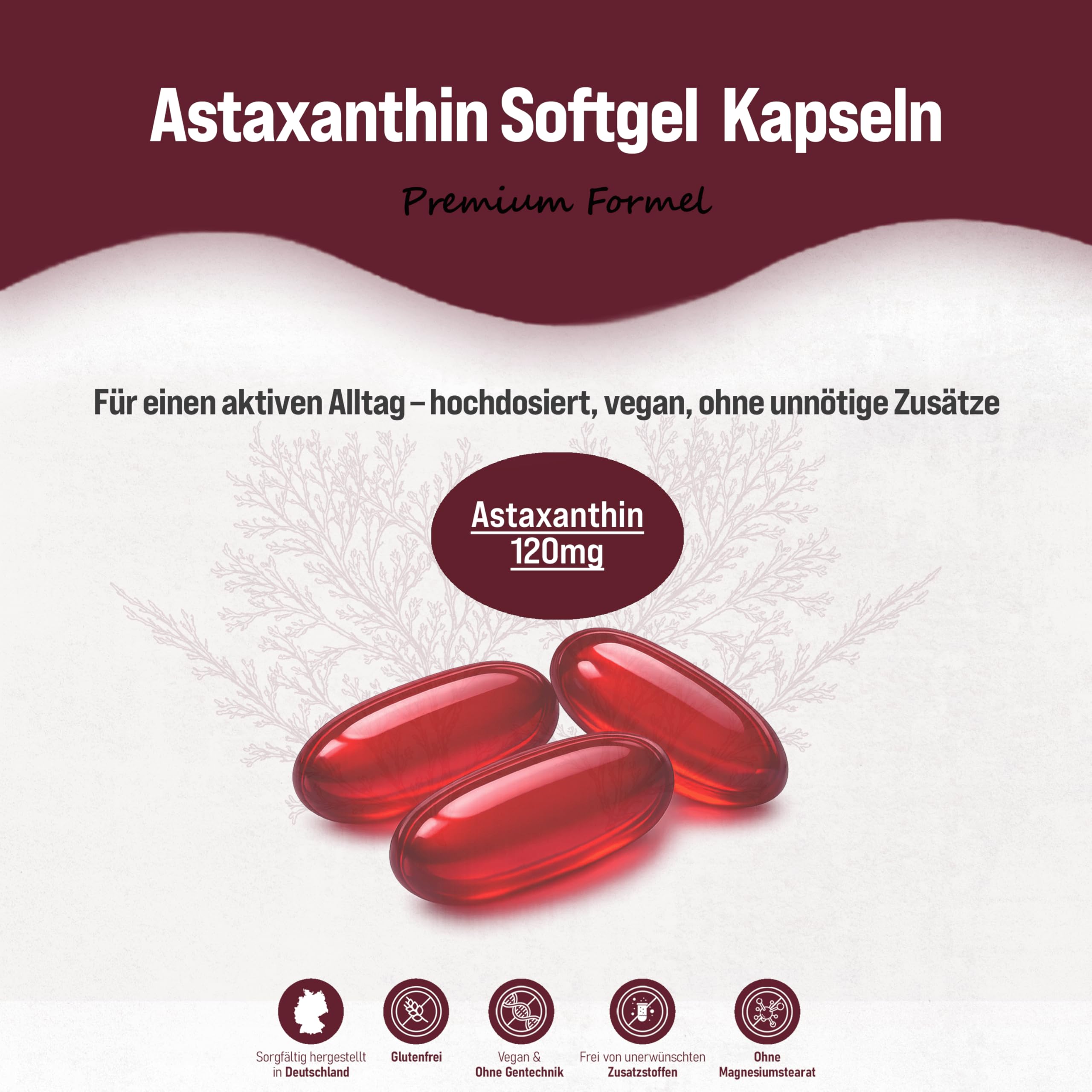 Astaxanthin Hochdosiert 12mg pro Softgel Kapseln, 16 Monate Vorrat, Premium Astaxanthin aus der Blutregenalge (Haematococcus pluvialis) - 240 Kapseln
