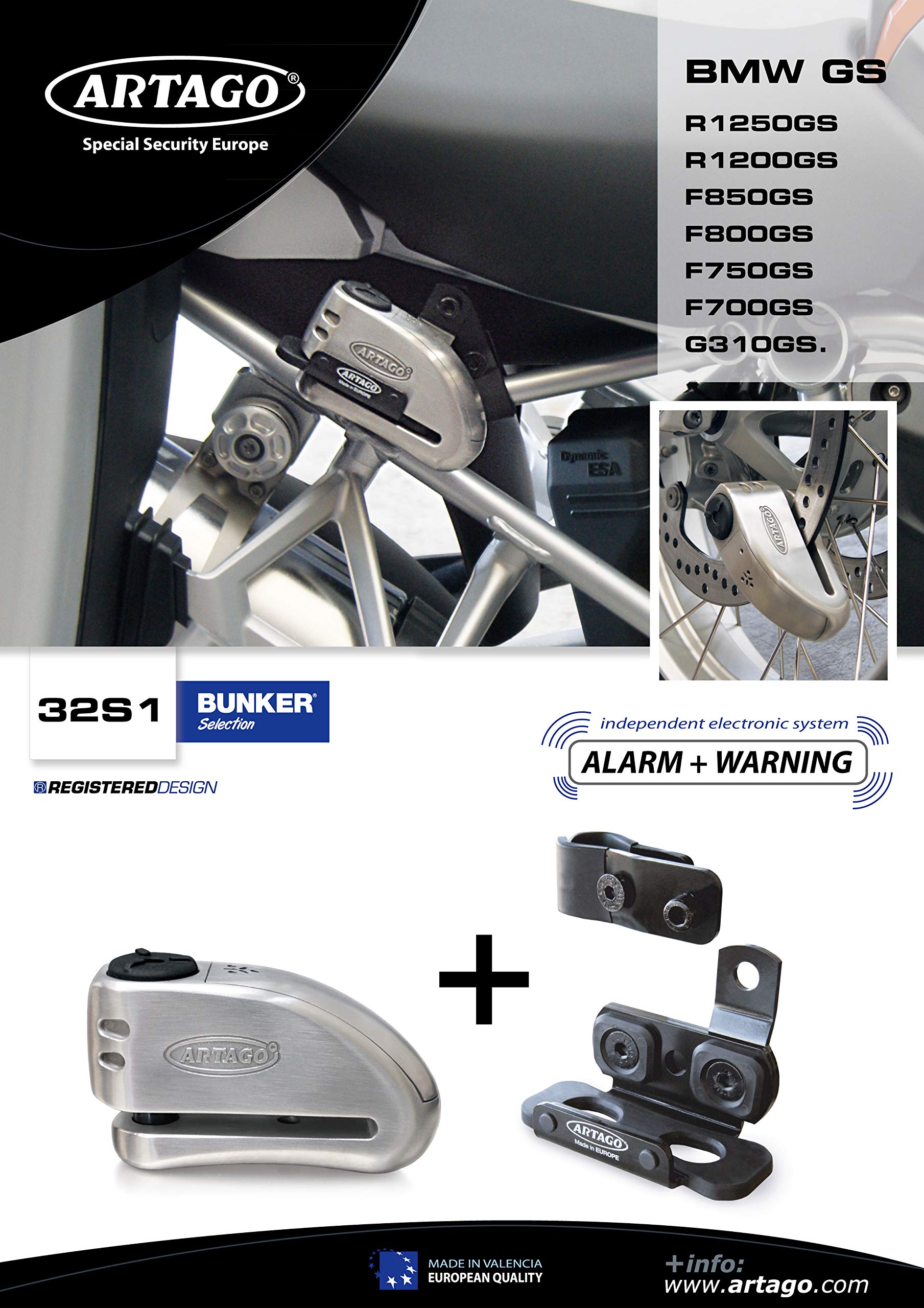 Artago32S1 High-End Motorcycle Disc Lock Alarm 120db and Support for BMW R1200GS, R1250GS, Triple Locking ø15, SRA Approved, Don't Touch Warning Function, Stainless Steel