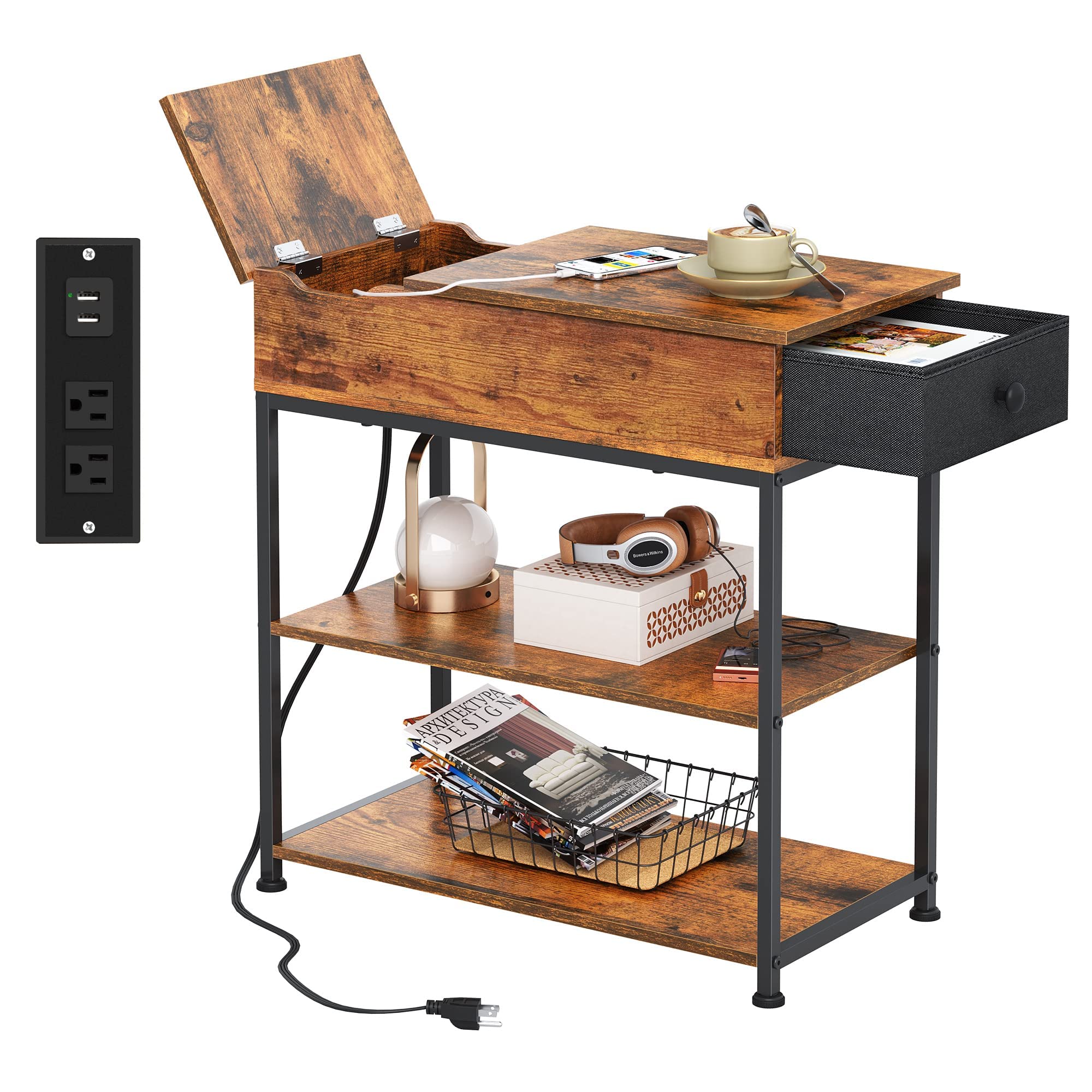 WLIVE Flip Top Side Table with Charging Station, Narrow End Table with USB Ports & Power Outlets, 3-Tier Nightstand with Storage Drawer for Living Room & Bedroom, Rustic Brown