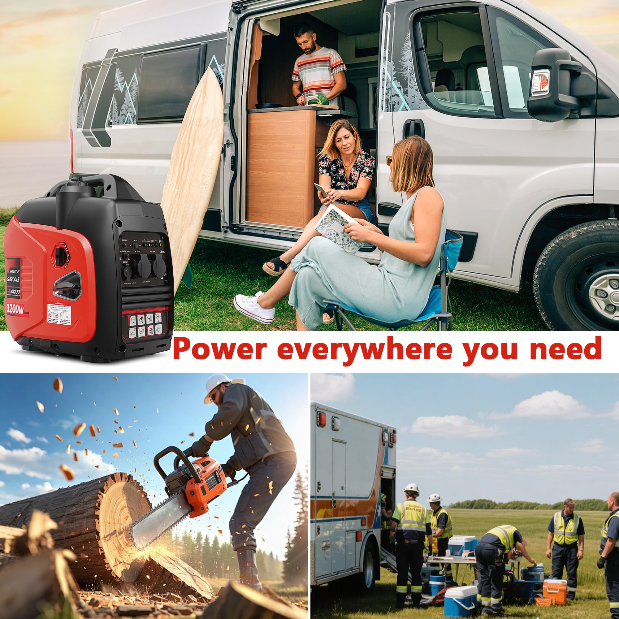Przenośny generator 3200 W, super cichy generator inwerterowy, ultralekki, do użytku w domu, na zewnątrz, kemping, ochrona czujnika CO, EPA, tryb ECO