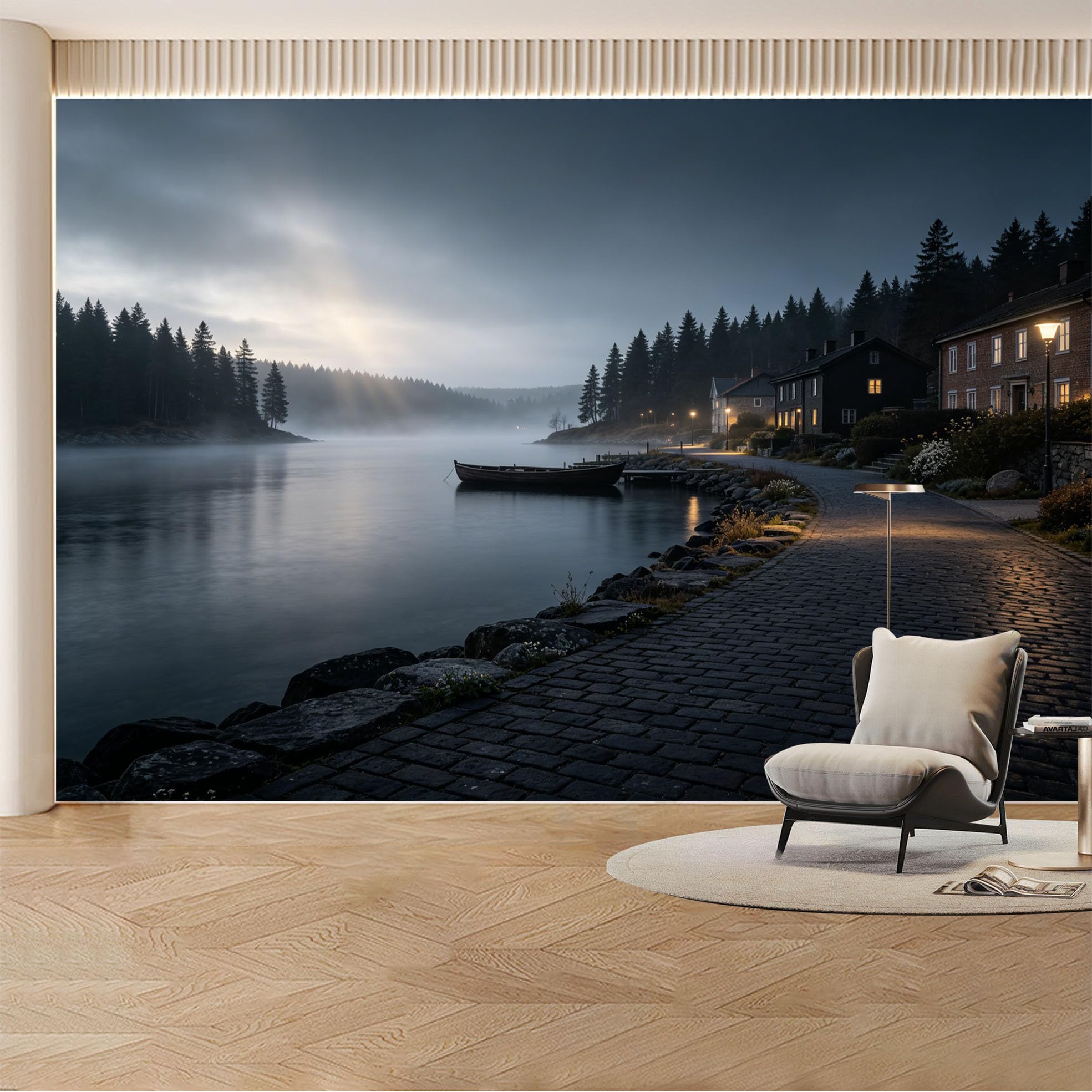 Custom Wall Mural Wallpaper Lake Boat Landscape Nature Large Wall Art Wall Decor Misty Nordic Sunset Removable SelfAdhesive Large Photo for Living Room， Bedroom， Office