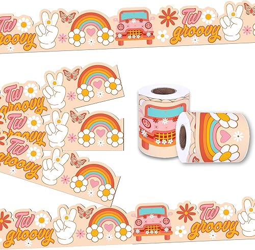 Miniatura 1 de Pegatinas de borde de tablero de anuncios de 67.9 pies, diseño retro de arco iris bohemio, dos calcomanías de fiesta geniales para decoración de