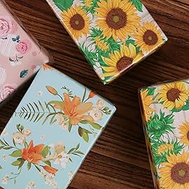 Aimyoo Blue Yellow Floral Wrapping Paper Roll 17 in x 10 ft, Daylily Flower Gift Wrap for Wedding Birthday Bridal Shower