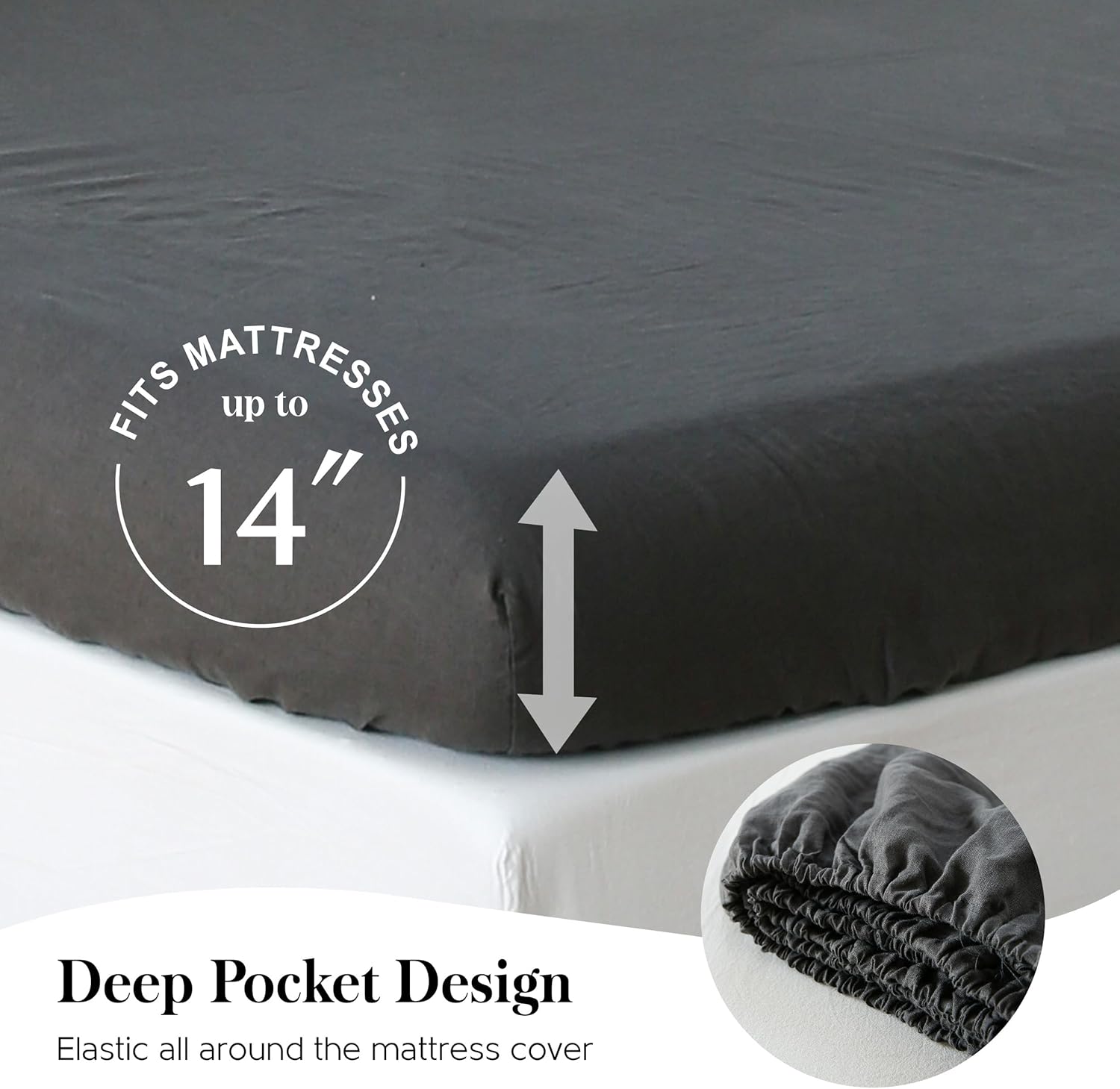 Simple&Opulence 100% Pure Linen Sheet Set King Size, Natural French Flax Solid Color 4 Pcs Washed Breathable, Farmhouse Bedding (1 Flat Sheet,1 Fitted Sheet,2 Pillowcases)-Embroidery Dark Grey