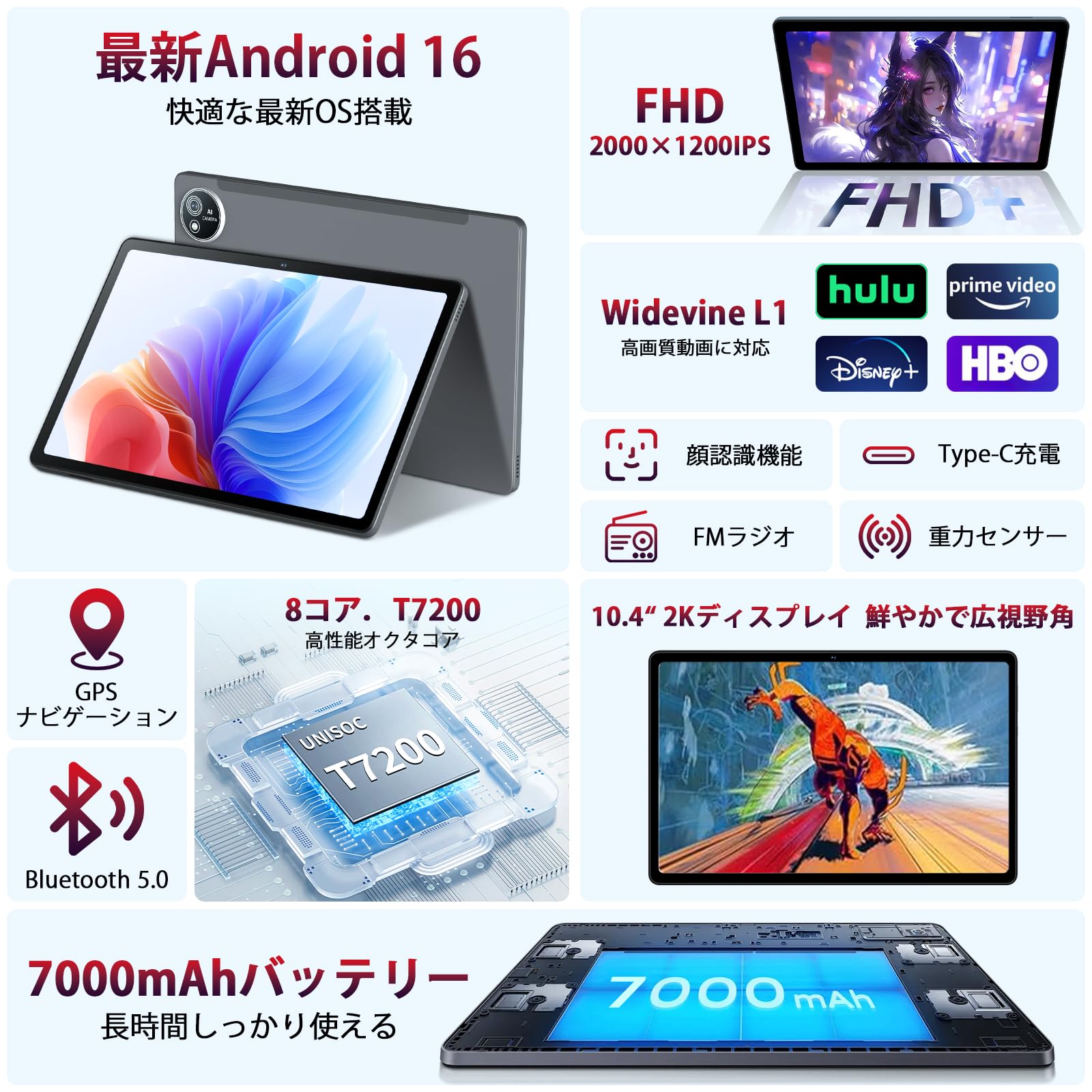 新品 Android 16 タブレット 10インチ 24GB+64GB+2TB Amazon.co.jp: 【Android 16強化版】タブレット 10インチ Wi-Fiモデル