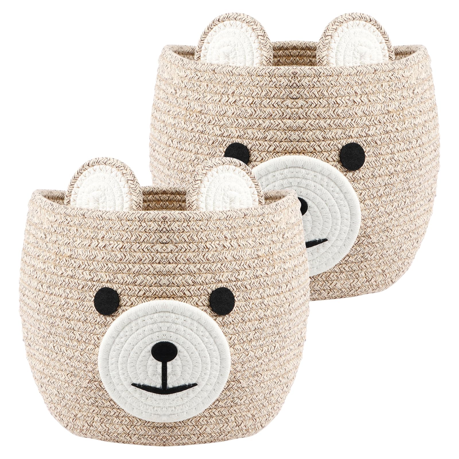 2 Pack Bear Cotton Rope Storage Baskets, 27x27x22cm Woven Organizer Baskets with Handles, Cute Baby Toy Storage Bins for Nursery, Kids Room, Home Organization