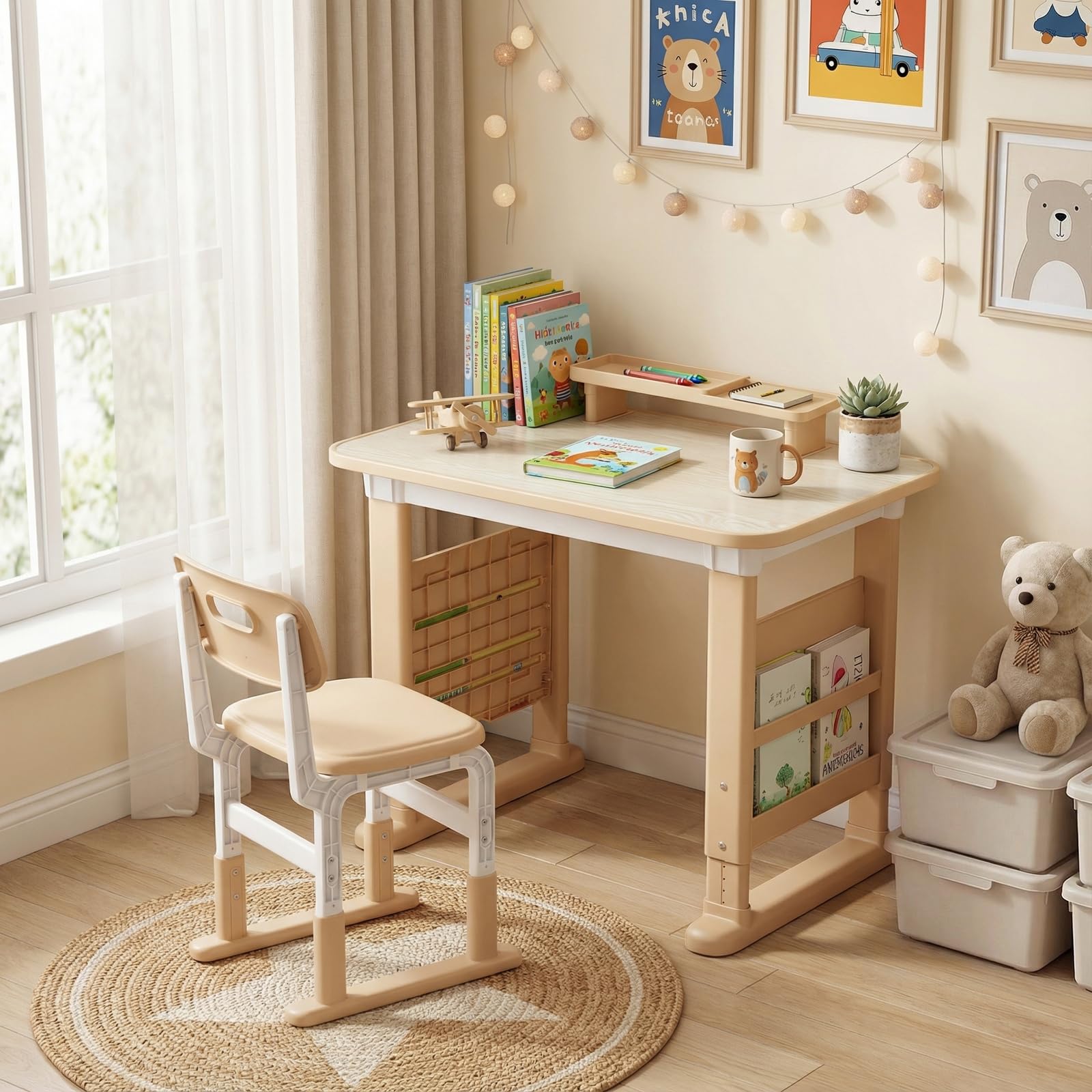 Clevich Höhenverstellbar Kinderschreibtisch und Stuhl Set,Schreibtisch für Kinder ab 3 Jahren,für Kinderzimmer,Schlafzimmer,Arbeitszimmer,Familien-Lern- und Spiel-Ecke,Malbereich,mit Stauraum,Gelb