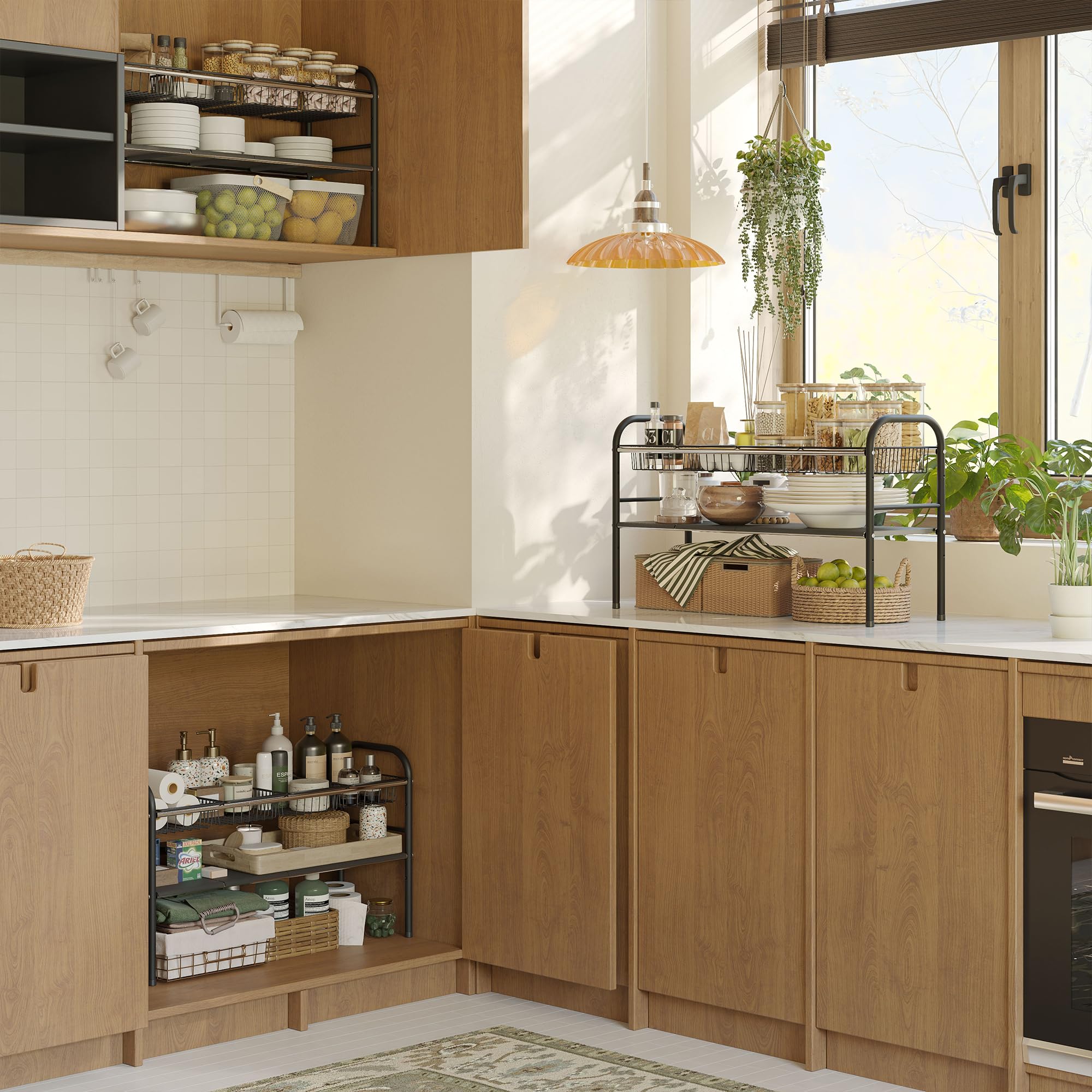 NETEL Étagère extensible sous l'évier, organiseur de placard, étagère sous évier pour cuisine et salle de bain, avec 6 panneaux et 2 paniers