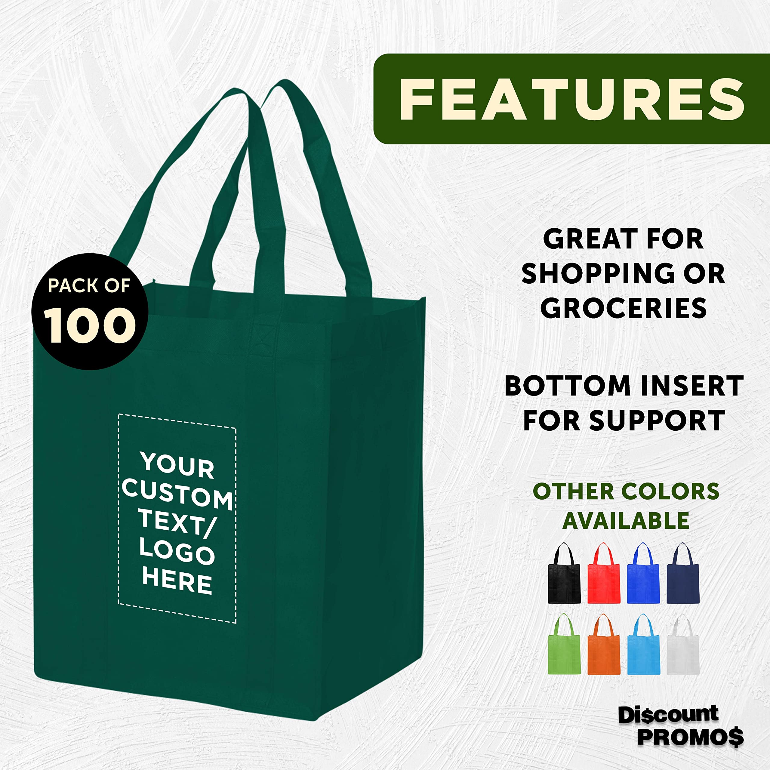 DISCOUNT PROMOS Custom Reusable Grocery Tote Bags - 100 Pack - Personalized Logo, Text - Large Handle, Heavy Duty Cloth Shopping Bag - Forest Green - 13