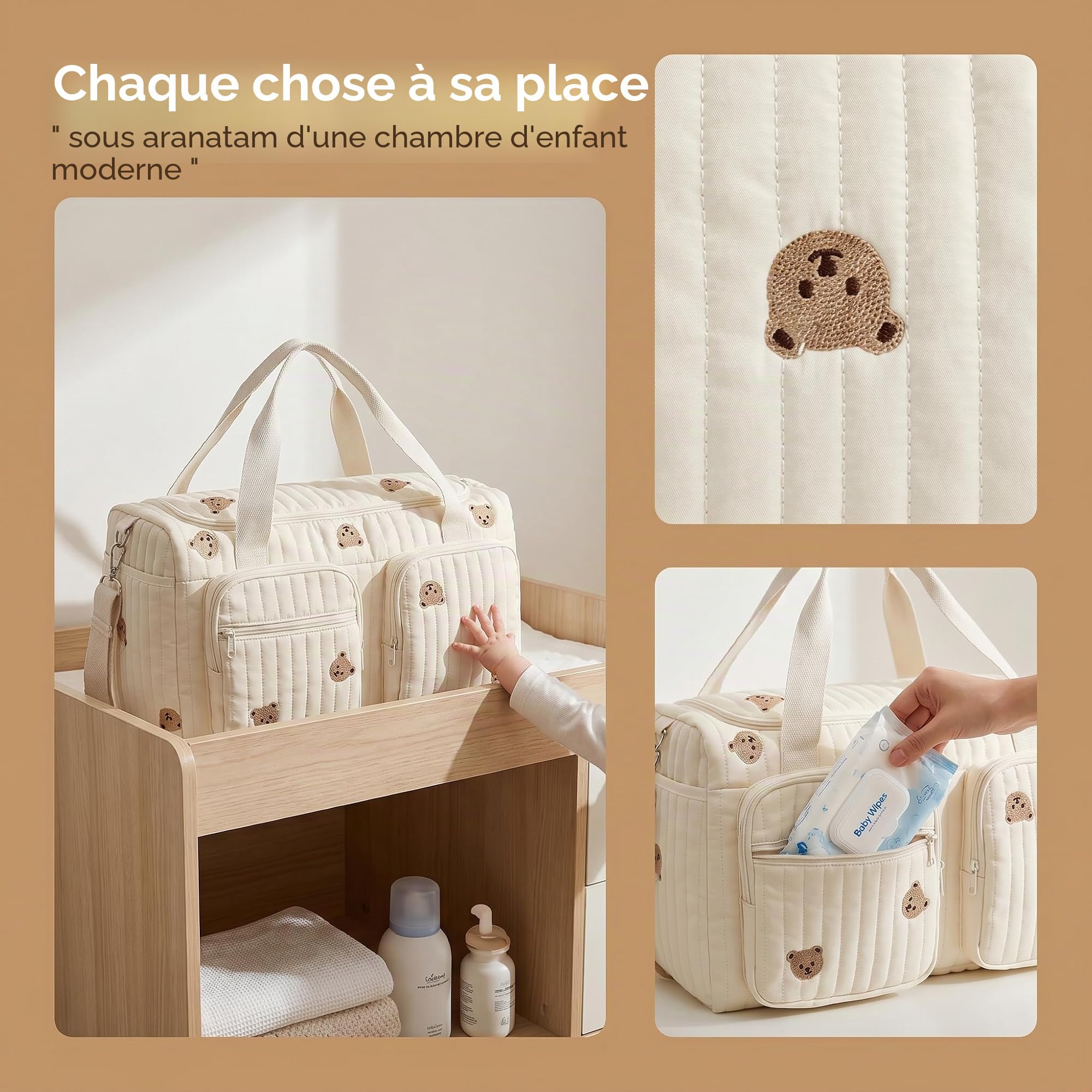 Sac à Langer Bebe Bandoulière 48x26x22cm, Sac de Maternité Multi Poches, Sac de Voyage Femme avec Ceinture Ajustable