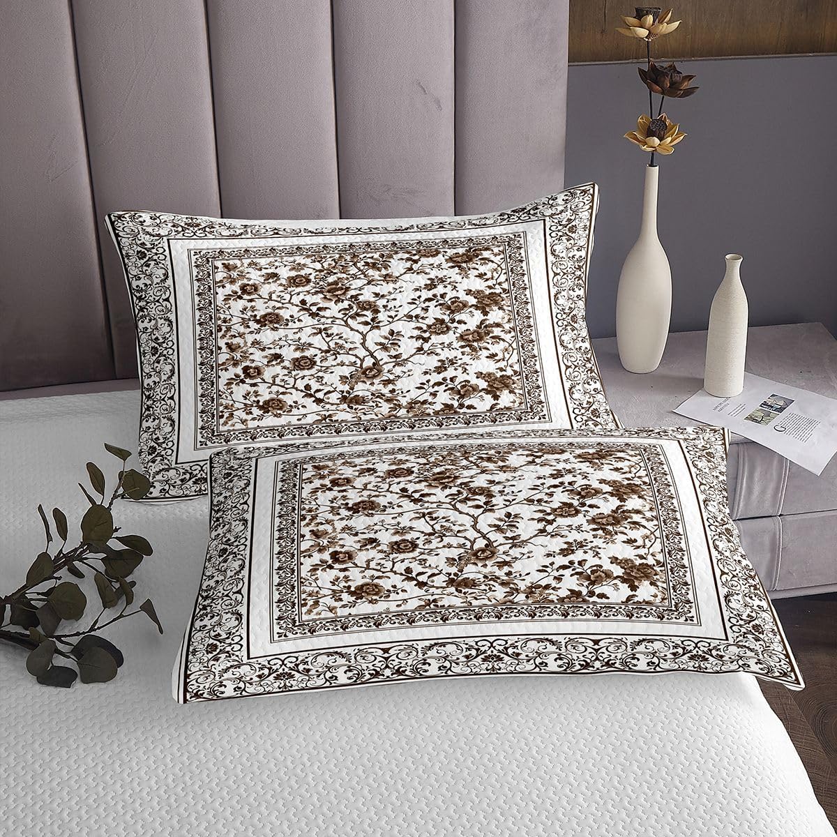jejeloiu Floral Bedspread 3 Pieces King Size Brown Flowers Coverlet Set Soft Cozy Botanical Floral Printed Lightweight Quilted Coverlet for All Season with 2 Pillowcases Natural Theme