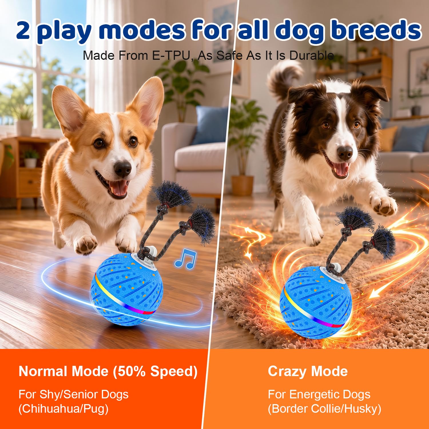Pelota interactiva para perros para aburrimiento, 2 modos de movimiento automático, juguetes para perros para masticadores agresivos, juguetes inteligentes de enriquecimiento para cachorros con cuerda