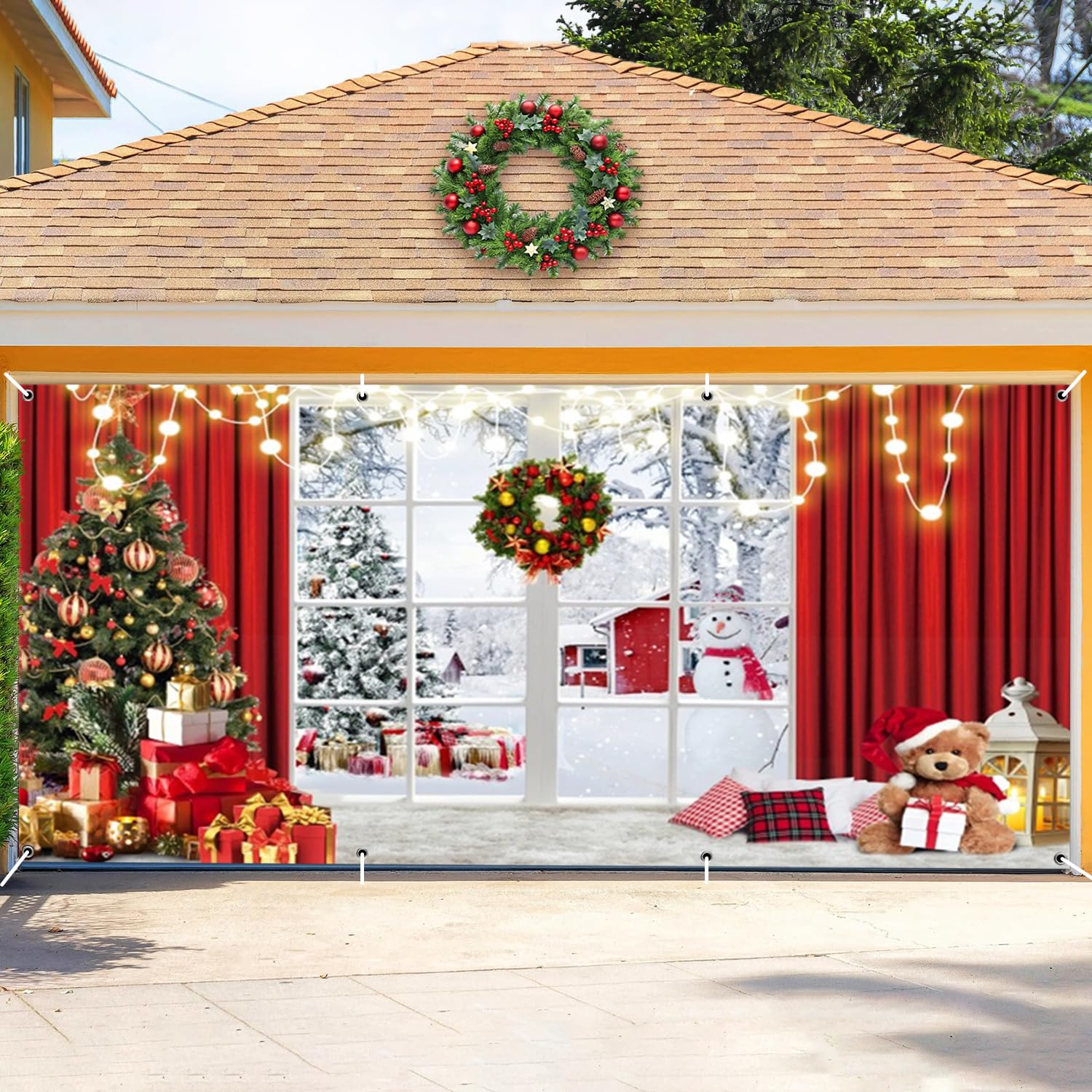 DASHAN 6x13ft Christmas Garage Door Cover Xmas Window Snow Garage Door Dcorations Banner Winter Holiday Large Garage Door Backdrop for Outdoor Yard