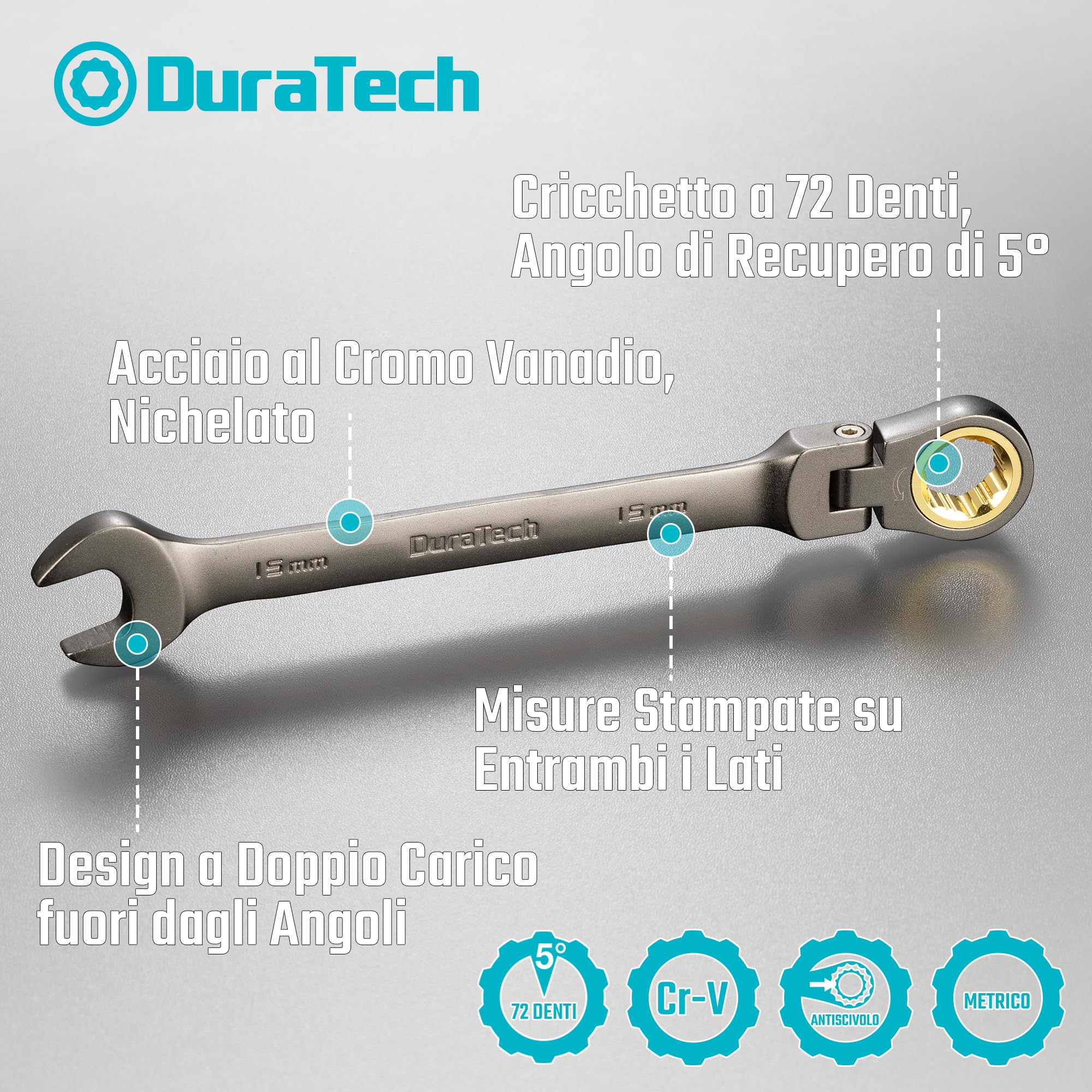 DURATECH Set di chiavi a cricchetto con testa flessibile antiscivolo, set di chiavi combinate, 12 pezzi, 72 denti, metrico, 8-19 mm, acciaio CR-V, organizzato in valigetta di stoccaggio
