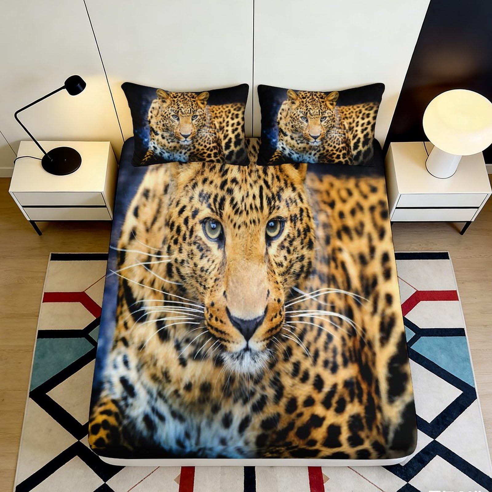 3D Printed Leopard Print Fitted Sheet Microfiber Soft Breathable Cheetah Pattern Bed Cover for Bedroom Dormitory Guest Room Mattress Protection Decor 200x200x25cm